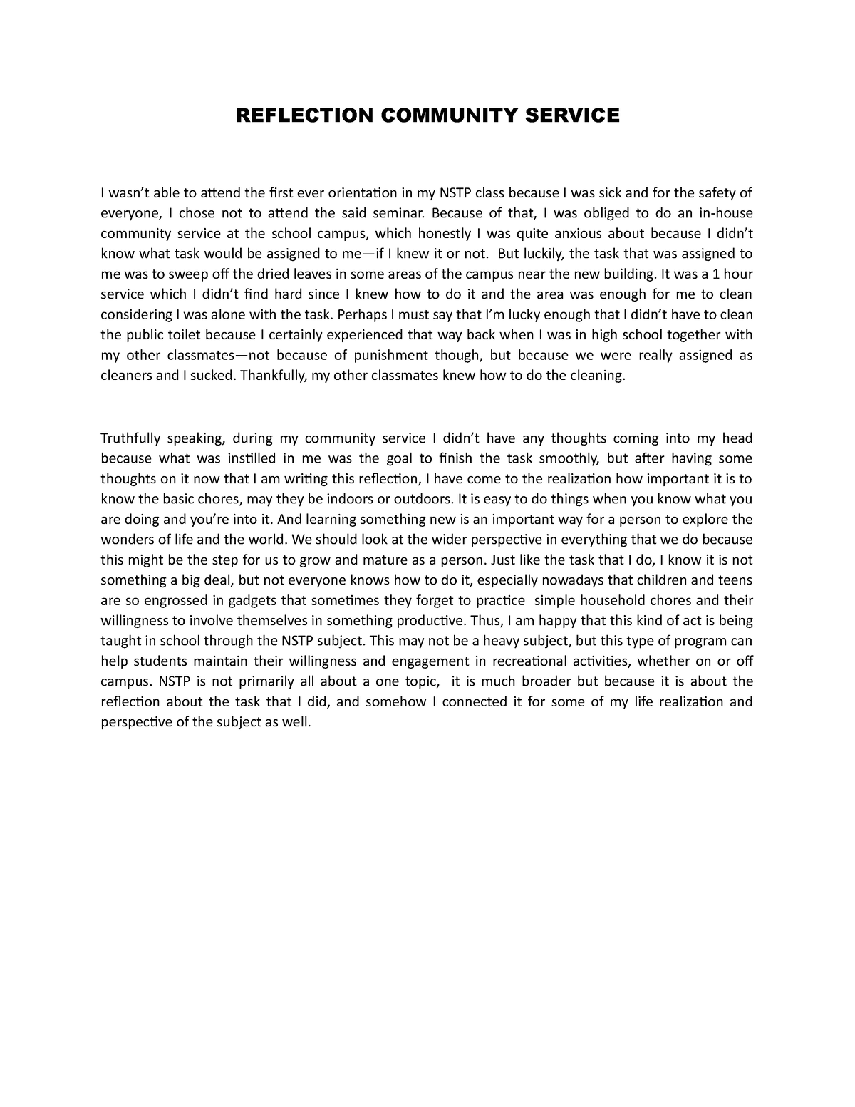 reflection essay on community service