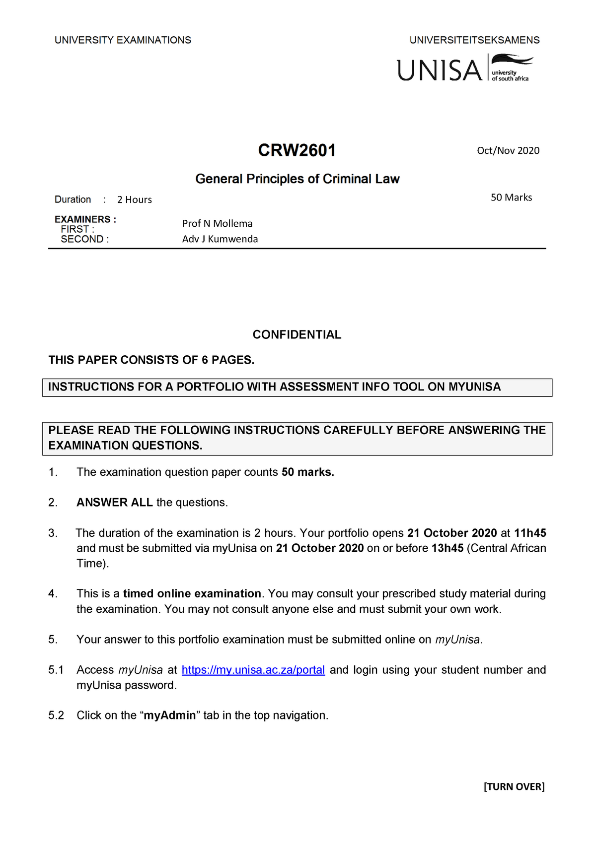 Crw2601 Criminal Law General Crimes Exam Paper 2020 - Crw2601 - Unisa ...