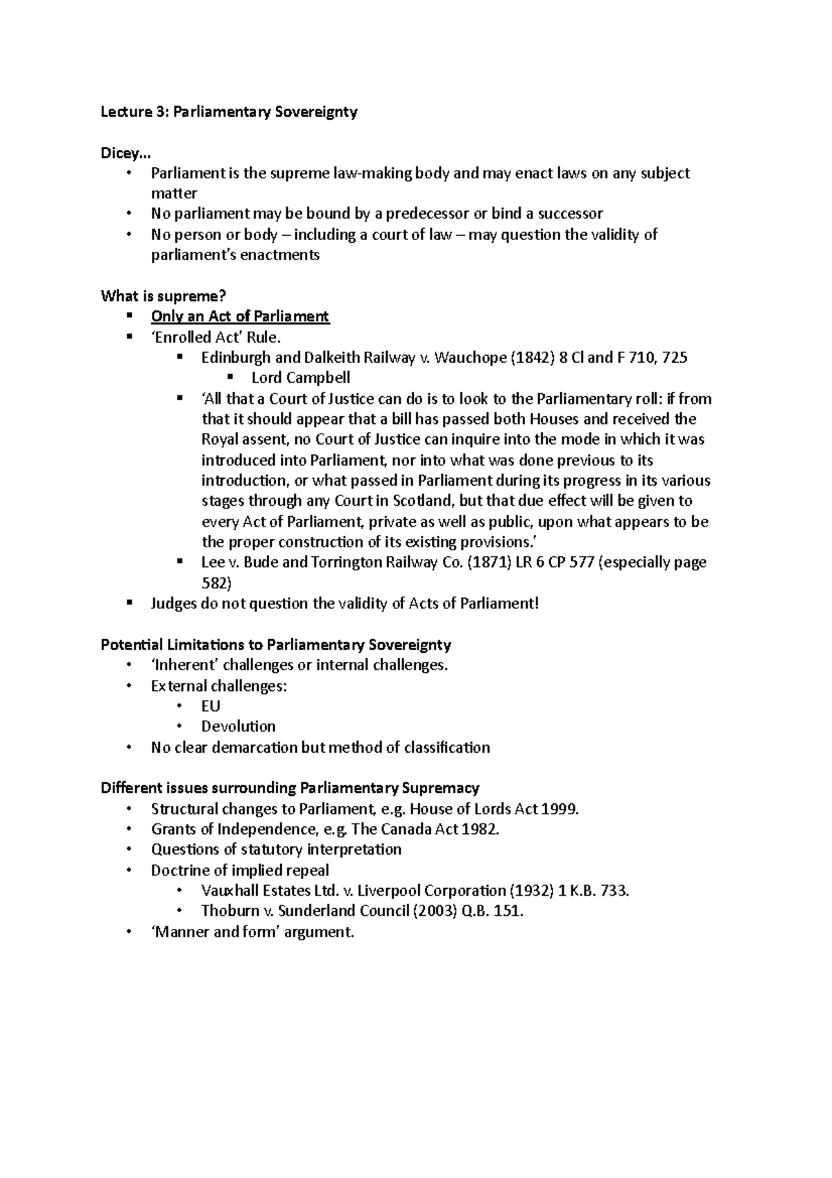 Lecture 3-5 - Lecture 3: Parliamentary Sovereignty Dicey ...