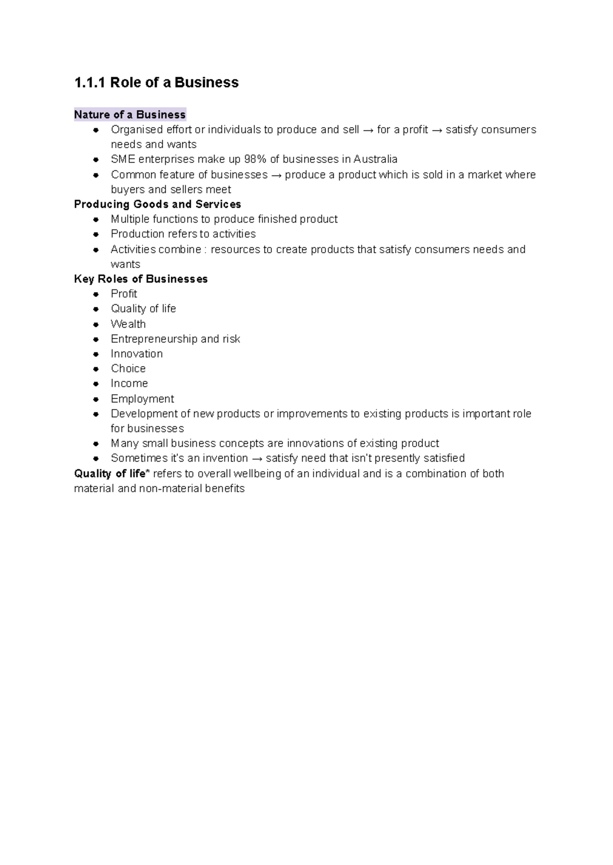 Business Studies Prelim Revision Doc - 1.1 Role of a Business Nature of ...