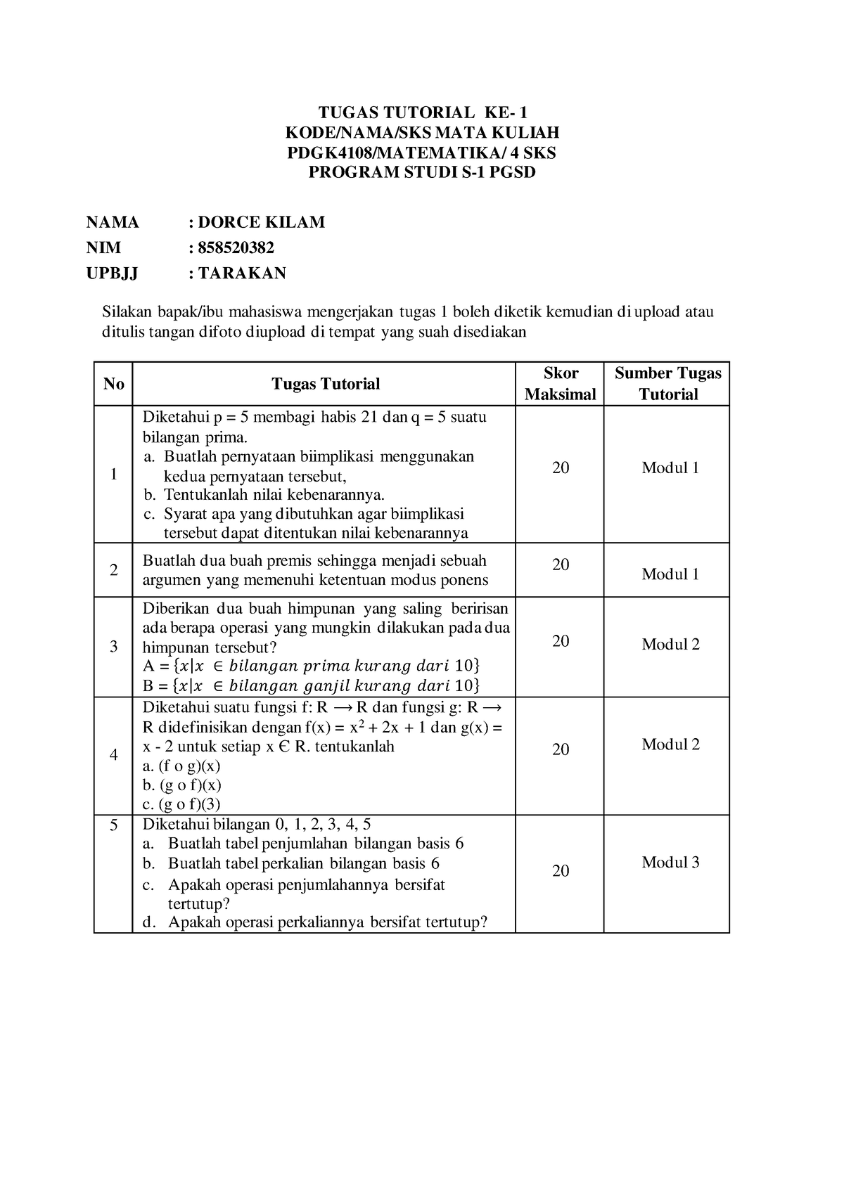 Tugas Tutorial 1 Matematika - TUGAS TUTORIAL KE- 1 KODE/NAMA/SKS MATA ...