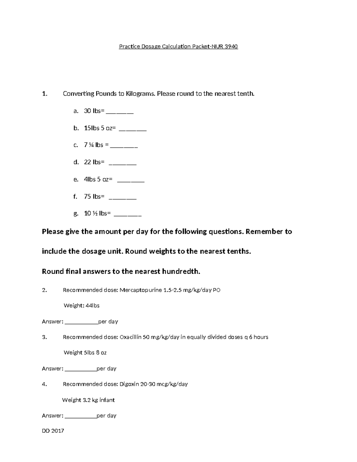 NUR 3940 Practice Dosage Calculation Packet 2020 - Practice Dosage ...