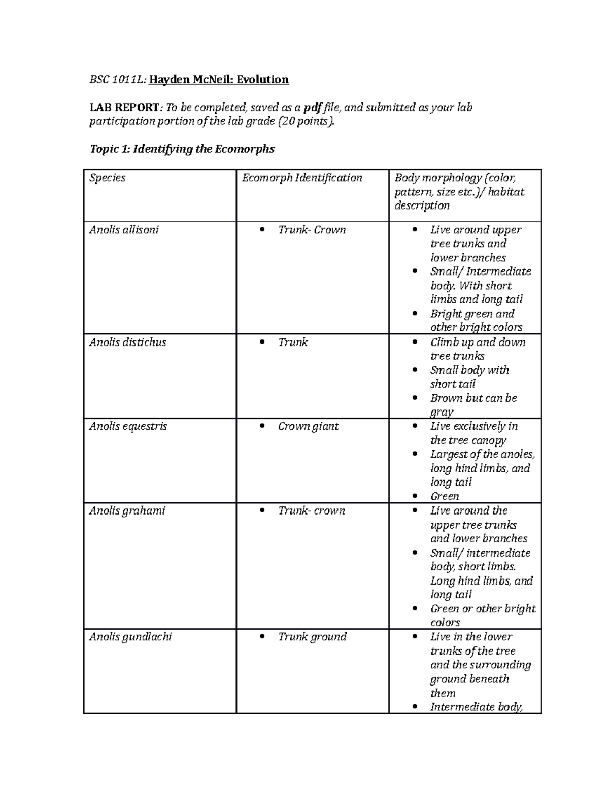 HM Evolution-1 lab report - BSC 1011 - Florida SouthWestern - Studocu