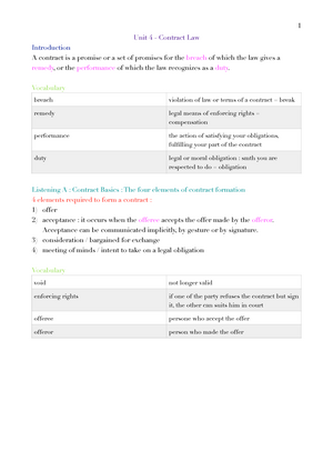 Unit 4 Contract Law Pdf Unit 4 Contract Law Introduction A Contract Is A Promise Or A Set Of Studocu