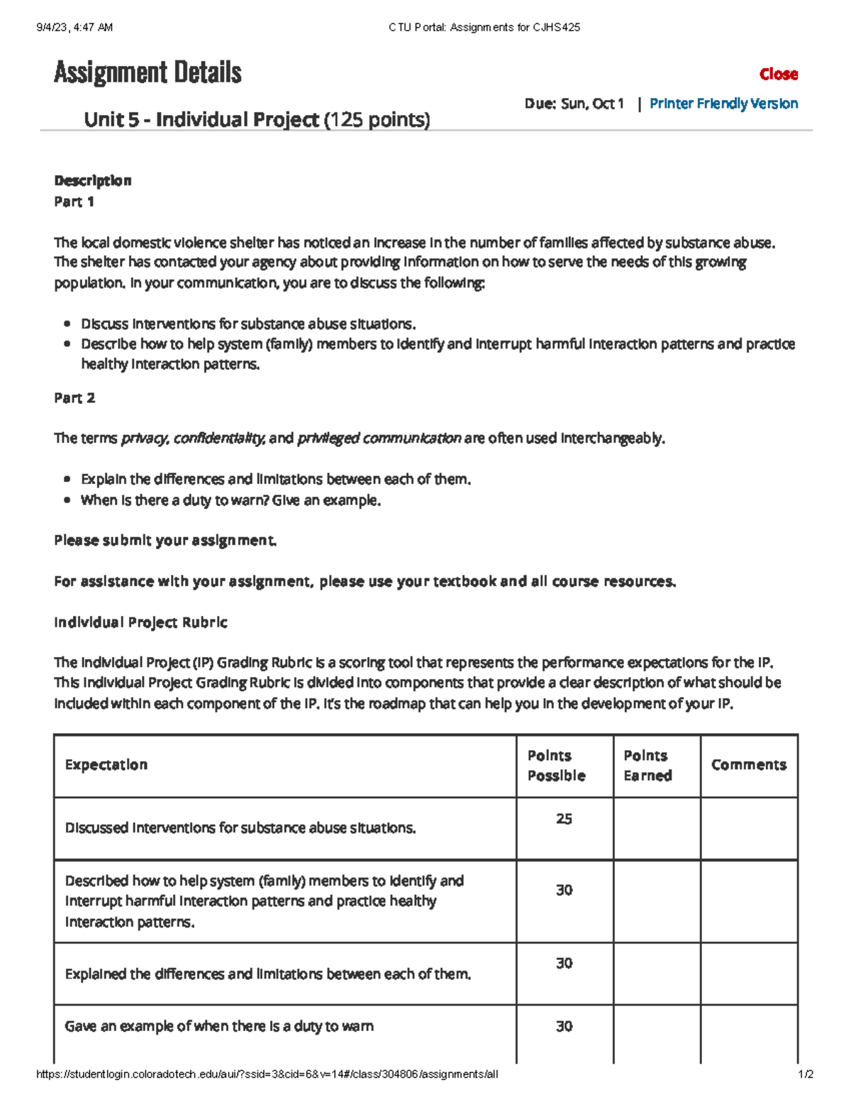 5IP CTU Portal Assignments for CJHS425 - 9/4/23, 4:47 AM CTU Portal ...