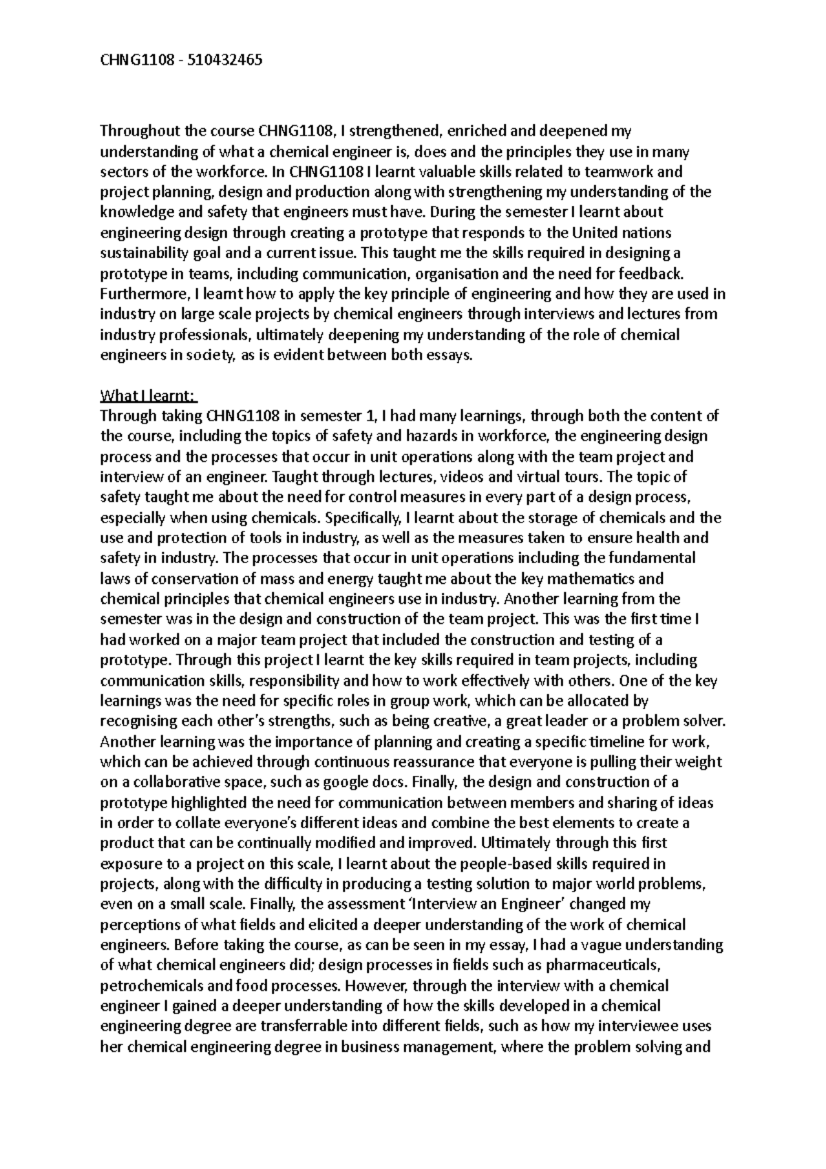 final essay for chemical engineering - Throughout the course CHNG1108 ...
