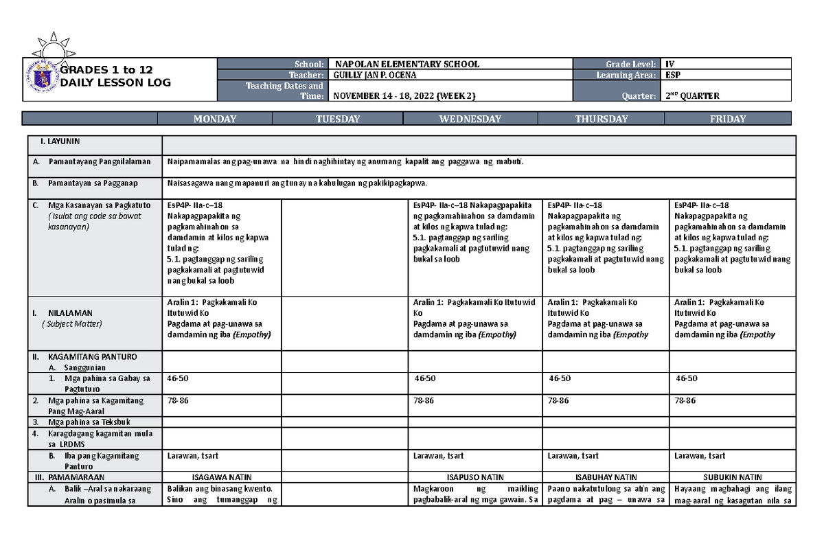 DLL ESP 4 Q2 W2 - hell - GRADES 1 to 12 DAILY LESSON LOG School ...