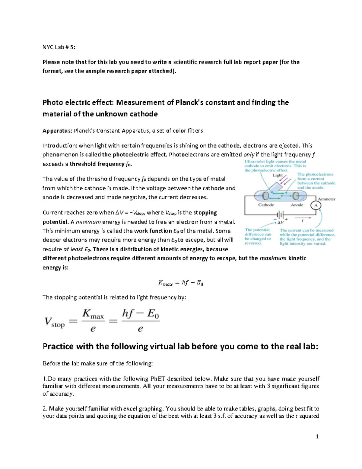 L PE - Lab on photoelectric effect - NYC Lab # 5 : Please note that for ...