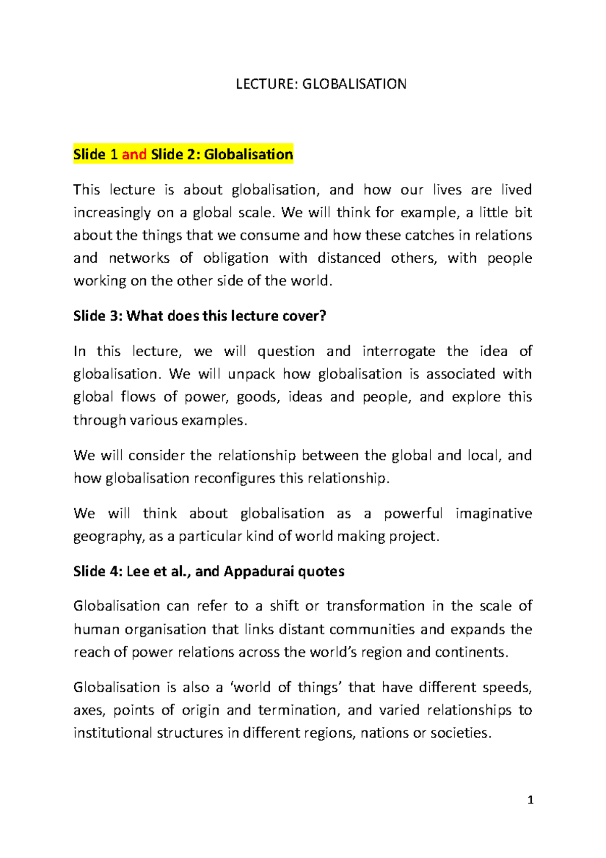 2. Globalisation Notes - LECTURE: GLOBALISATION Slide 1 And Slide 2 ...