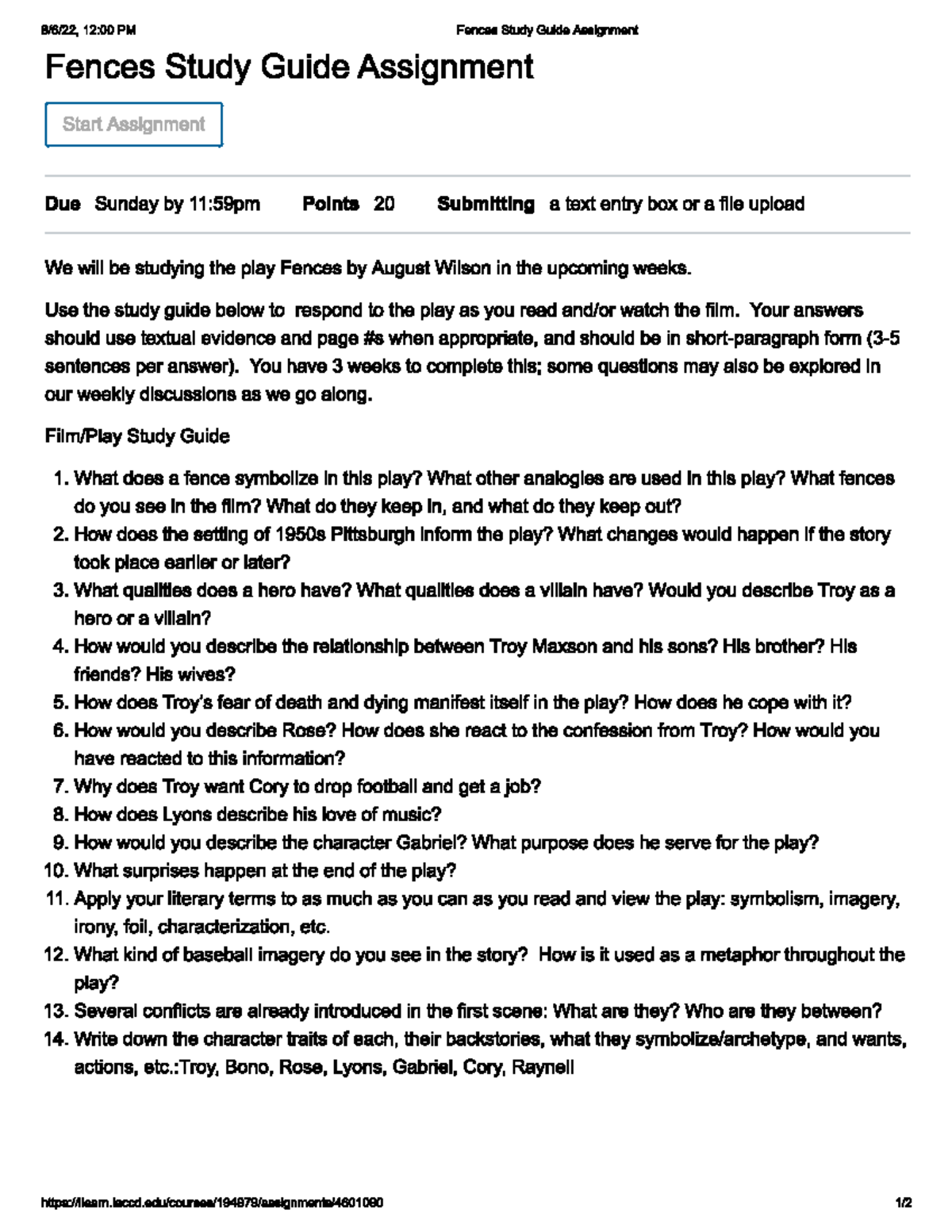 Fences Study Guide Assignment Bsc. mathematics and computer science