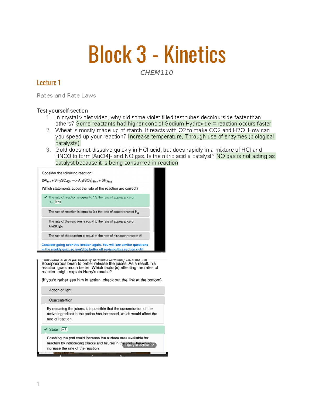 Block 3 - Kinetics - Block 3 - Kinetics CHEM Lecture 1 Rates and Rate ...