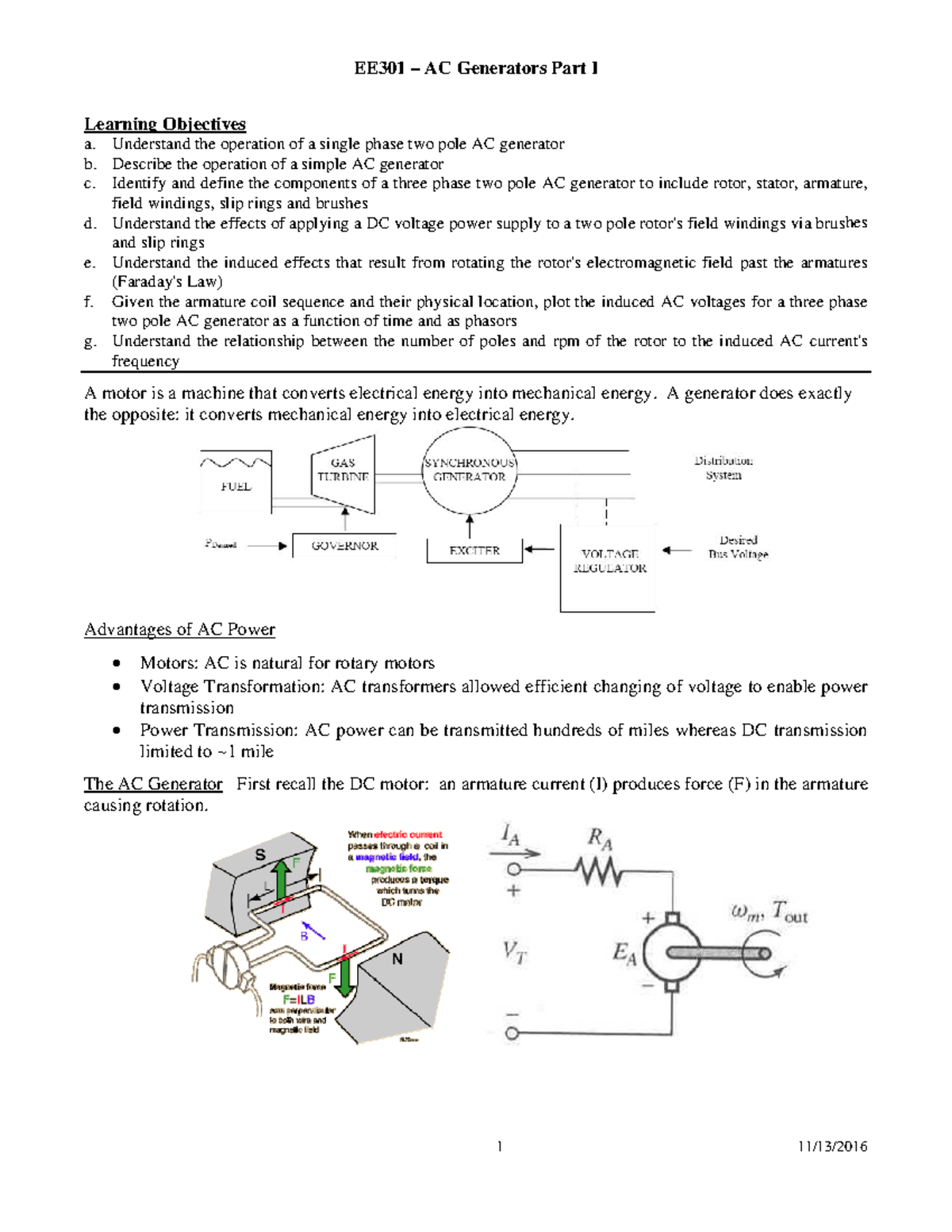 EE301 Lesson 29 AC Generators I Learning Objectives a. Understand the