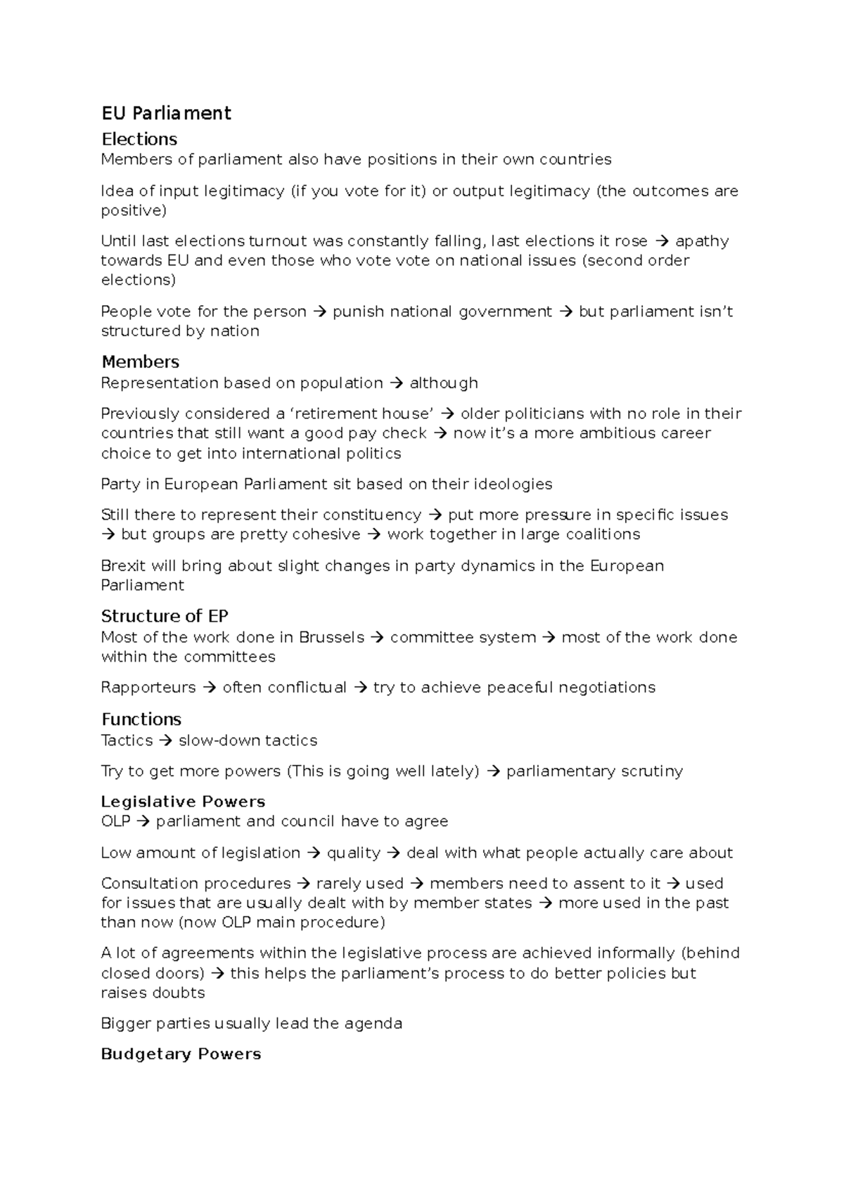 EU Parliament - Lecture notes notes political sciences - EU Parliament ...
