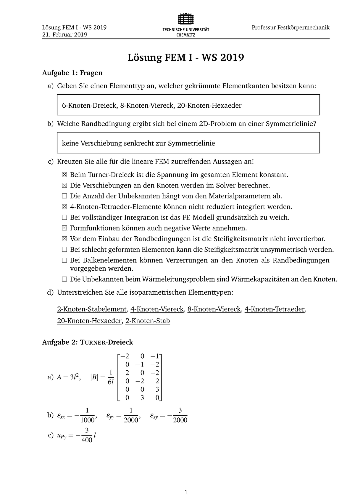 FEM I 2019 WS Loesung 2 B Korrigiert - Finite Elemente Method FEM I ...