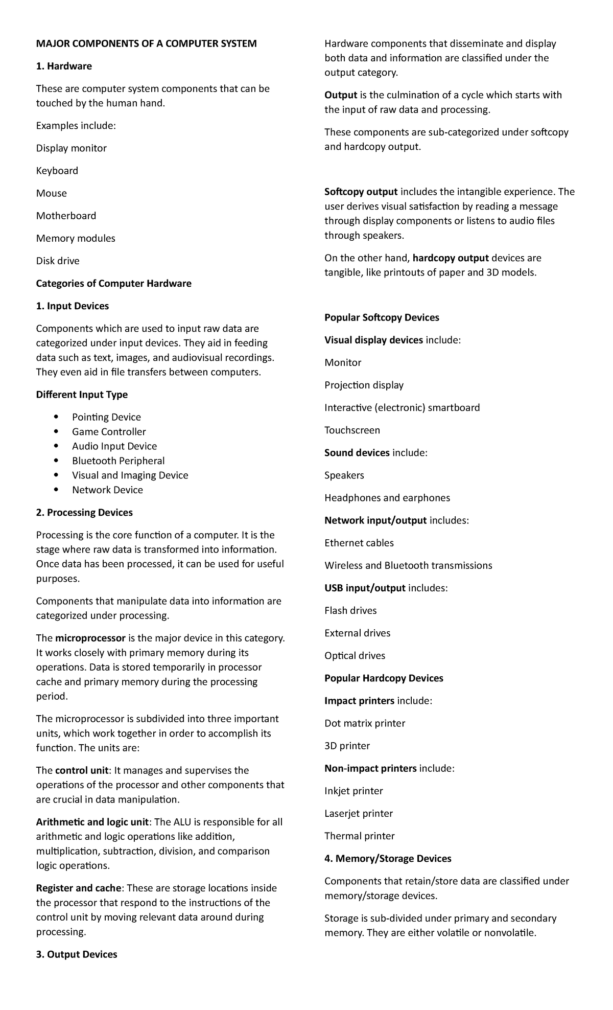 Computer - BASICS - MAJOR COMPONENTS OF A COMPUTER SYSTEM Hardware ...