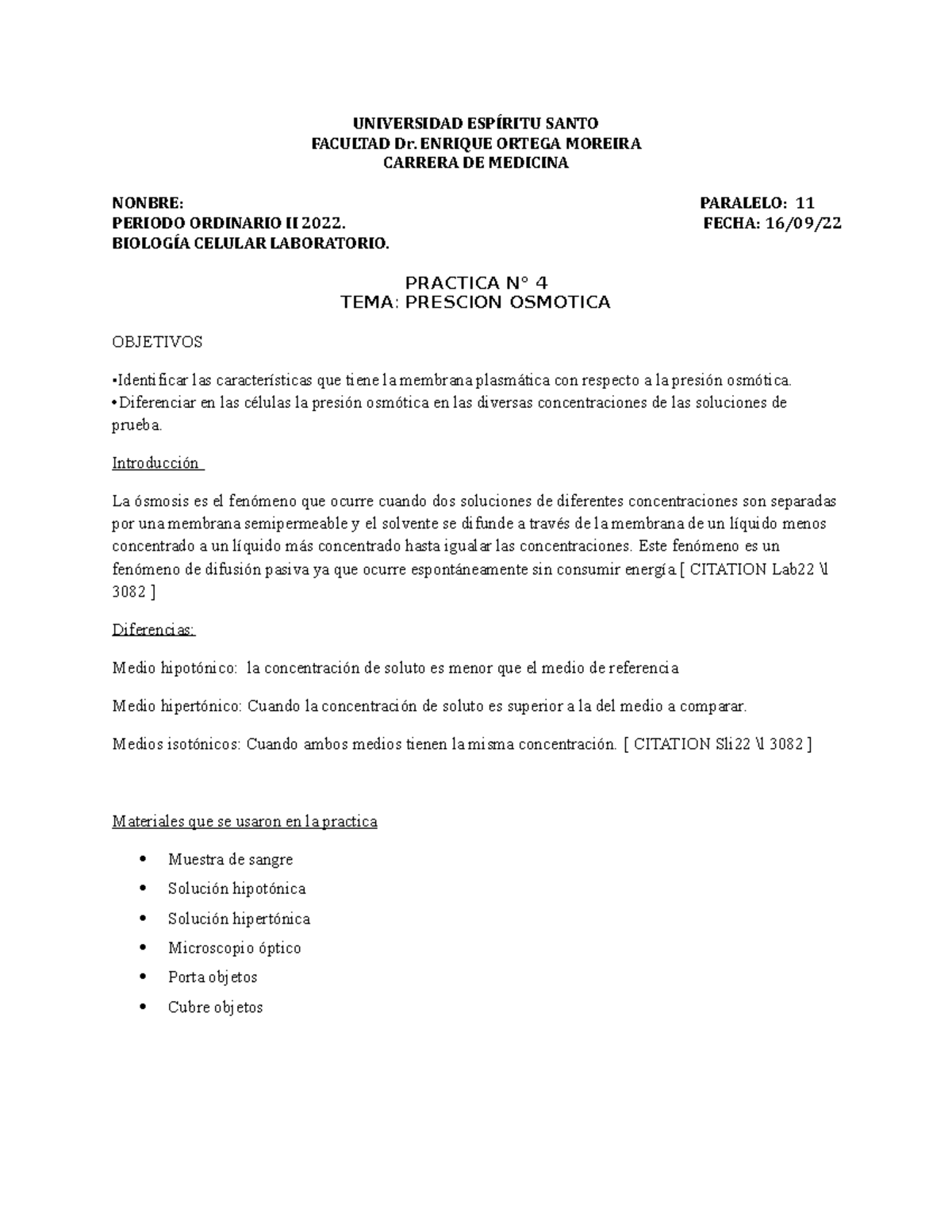 Presion Osmotica Practica 4 - UNIVERSIDAD ESPÍRITU SANTO FACULTAD Dr ...