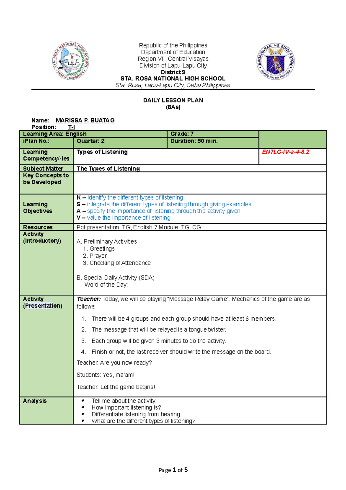 English 7 Week 1 Quarter 2 - Republic of the Philippines Department of ...