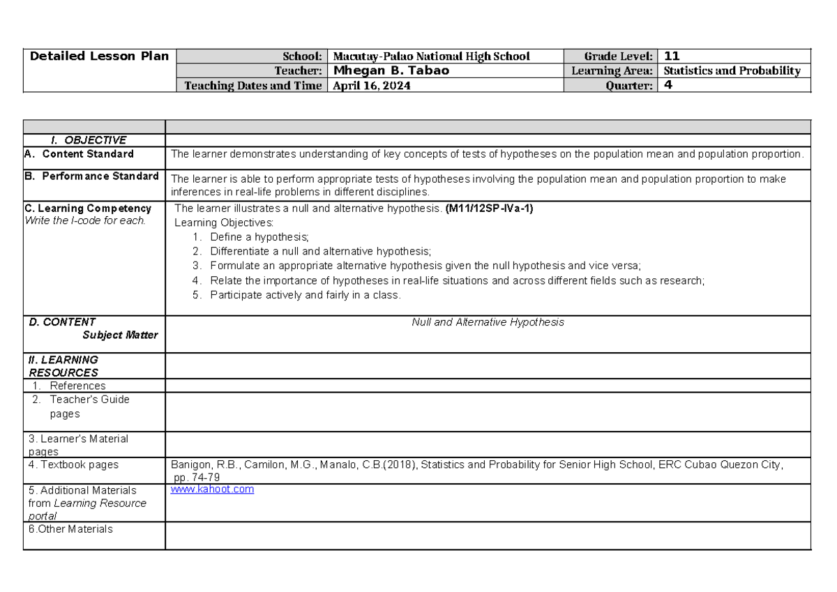 MATH 11 Q4 DAY 1 - DLP - Detailed Lesson Plan School: Macutay-Palao ...