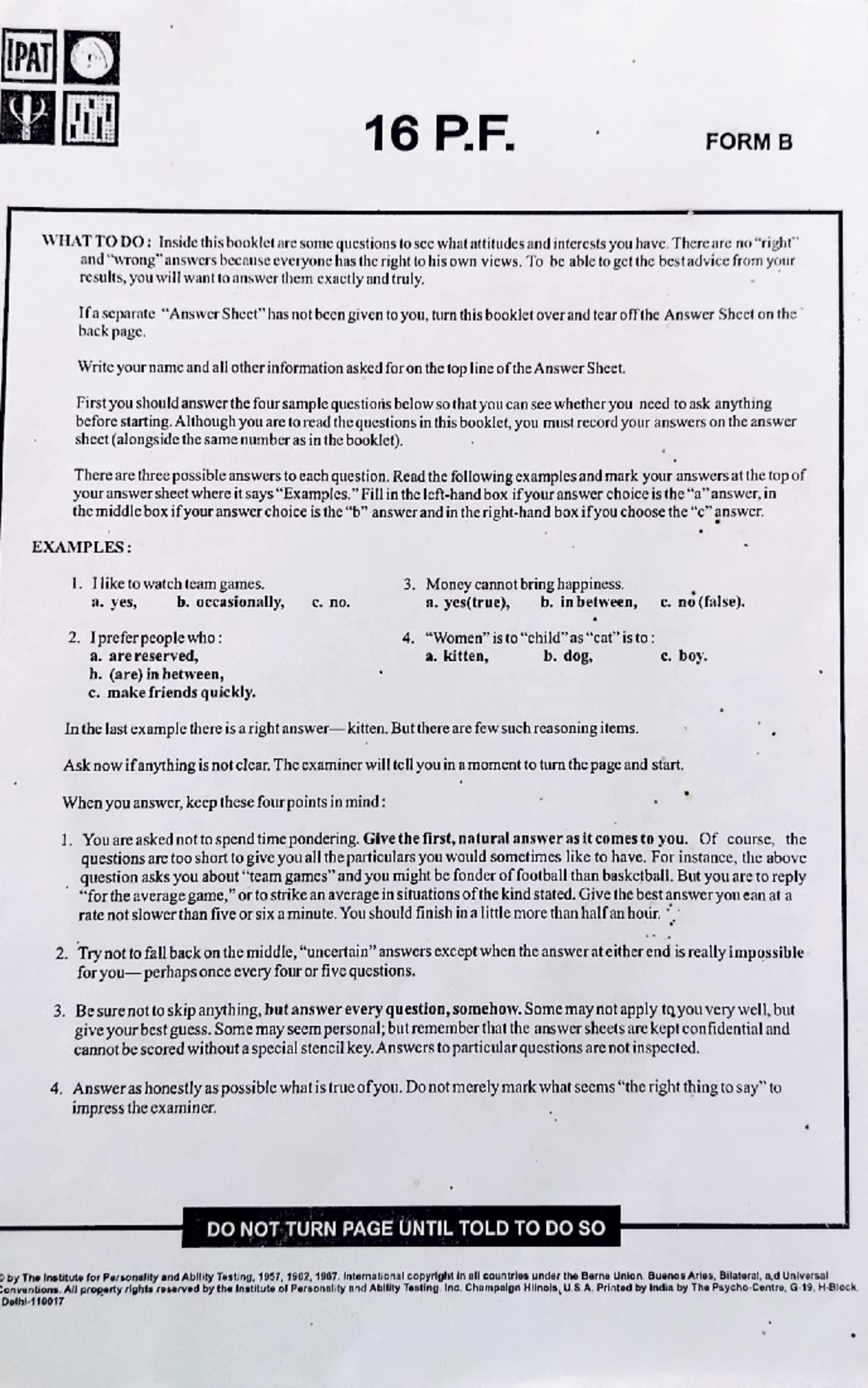16pf - 16pf introduction and manual - IPAT 16 P. FORM B WHAT TO DO ...