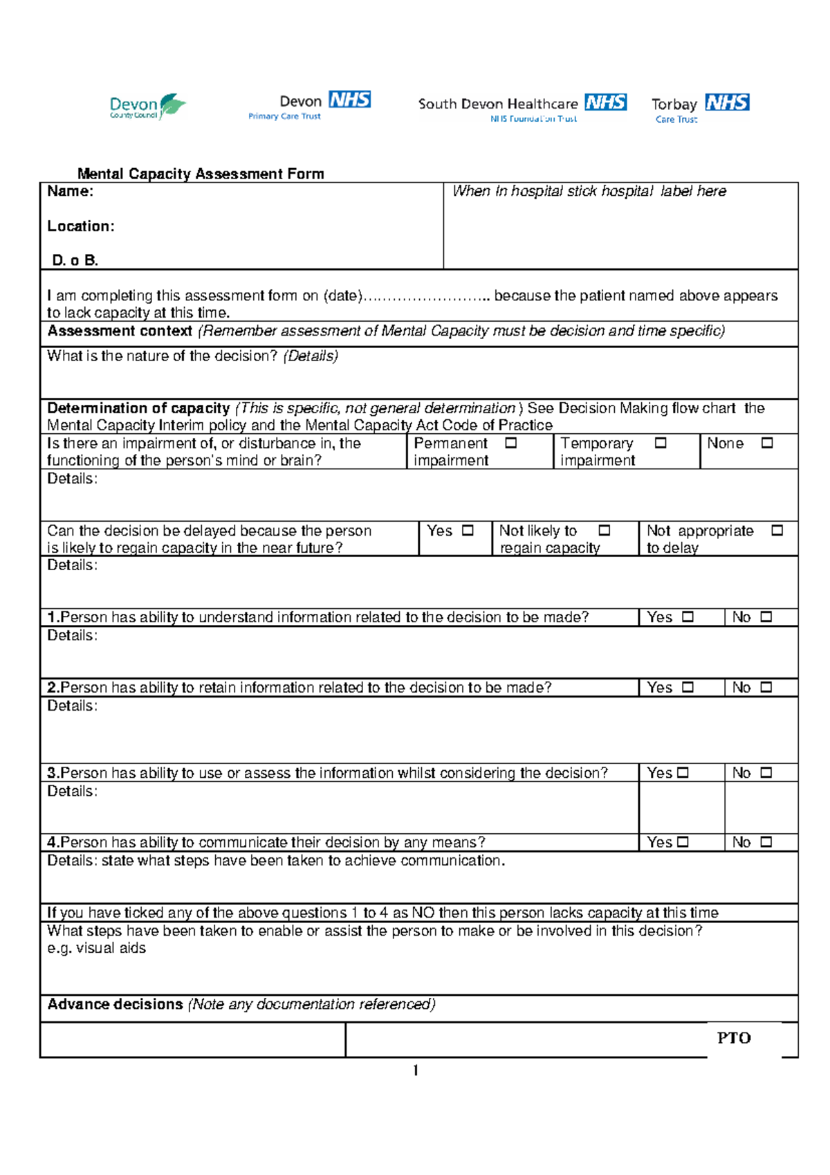 Mental Health Capacity Assessment Form - 1 Mental Capacity Assessment ...