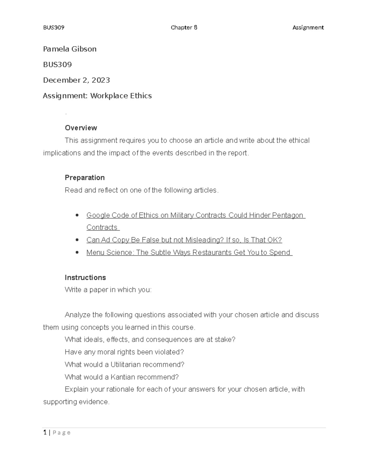 BUS309 Week8 Chapter 9 Assignment Work Place Ethics - BUS309 Chapter 8 ...