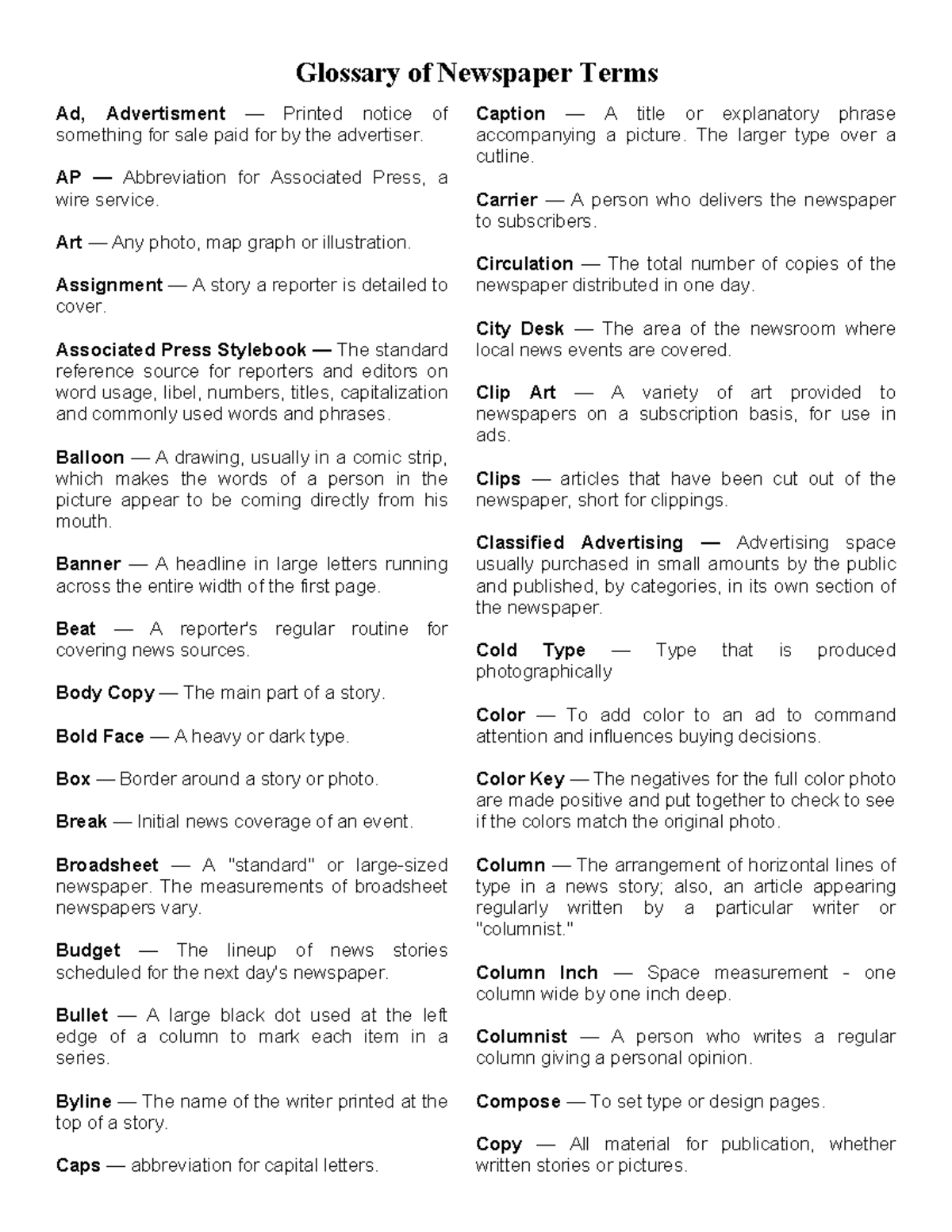 Glossary Of Newspaper Terms Glossary of Newspaper Terms Ad
