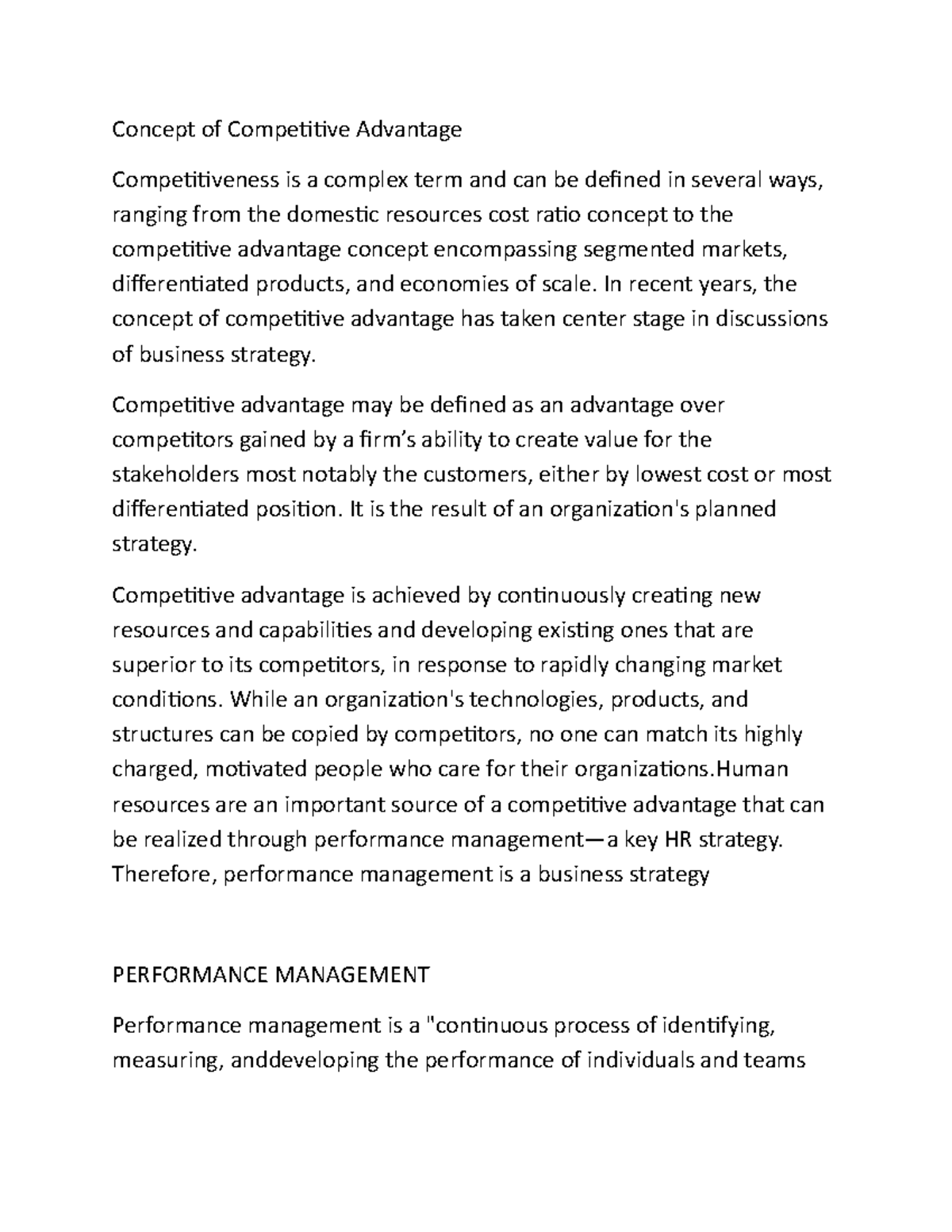 Pm1 - notes - Concept of Competitive Advantage Competitiveness is a ...