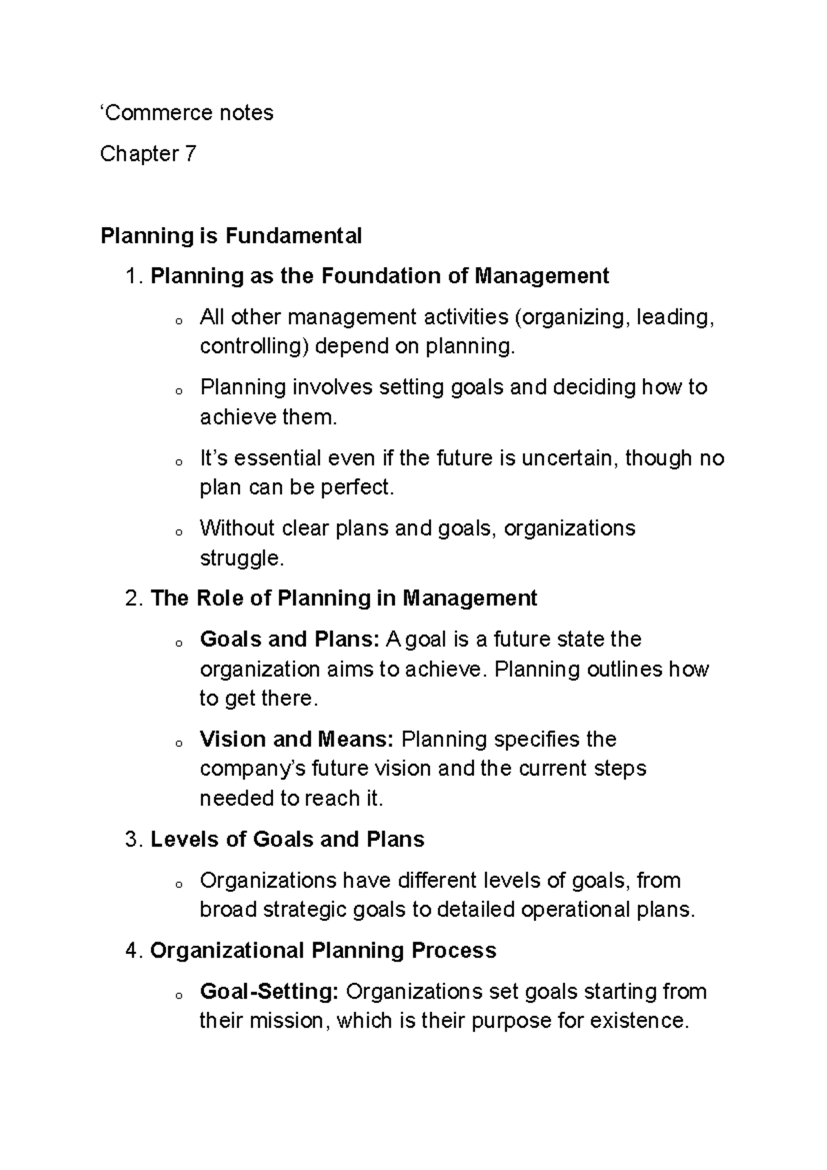 Document 1 - Summary Management - ‘Commerce notes Chapter 7 Planning is ...