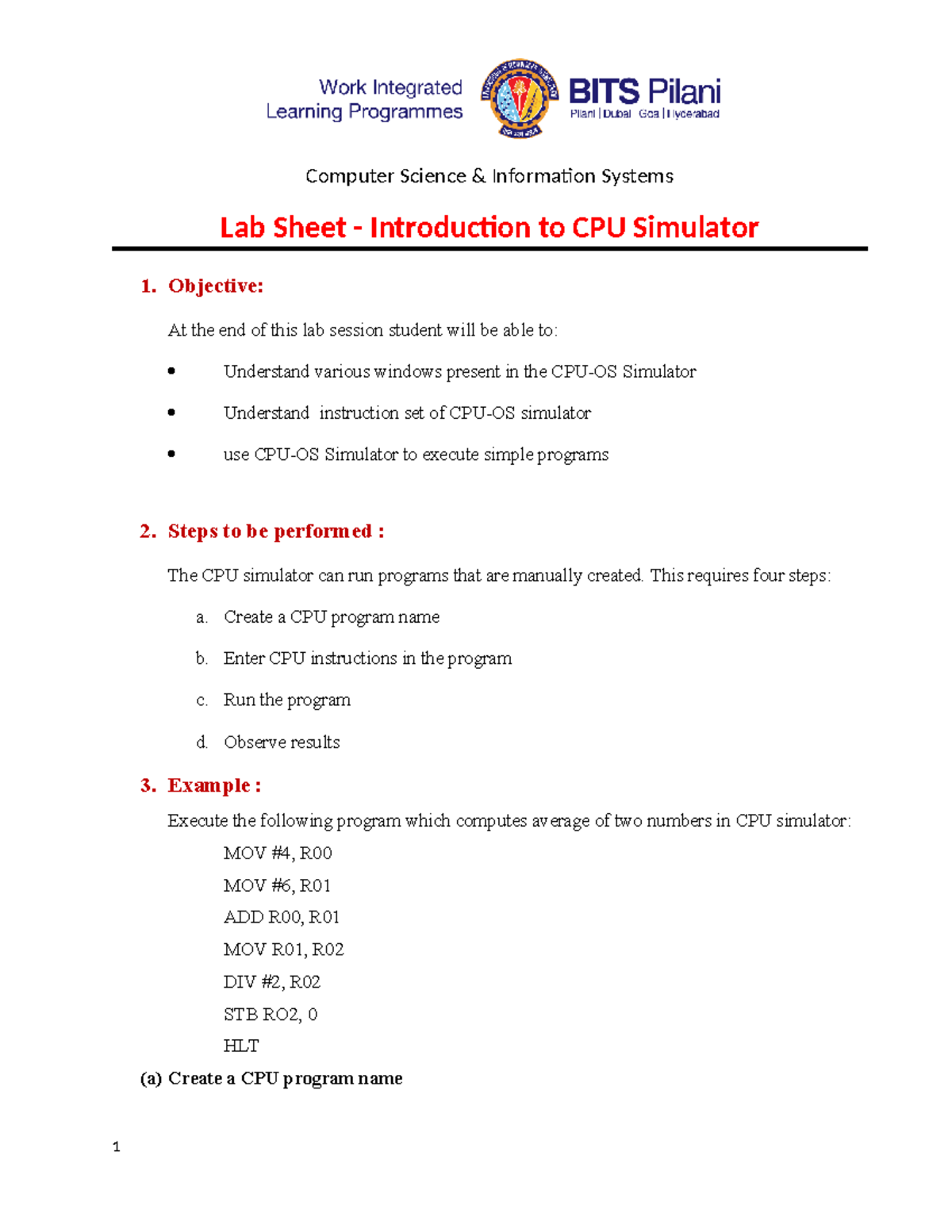 Lab Sheet 1.2 Introduction to CPU Simulator - Computer Science ...