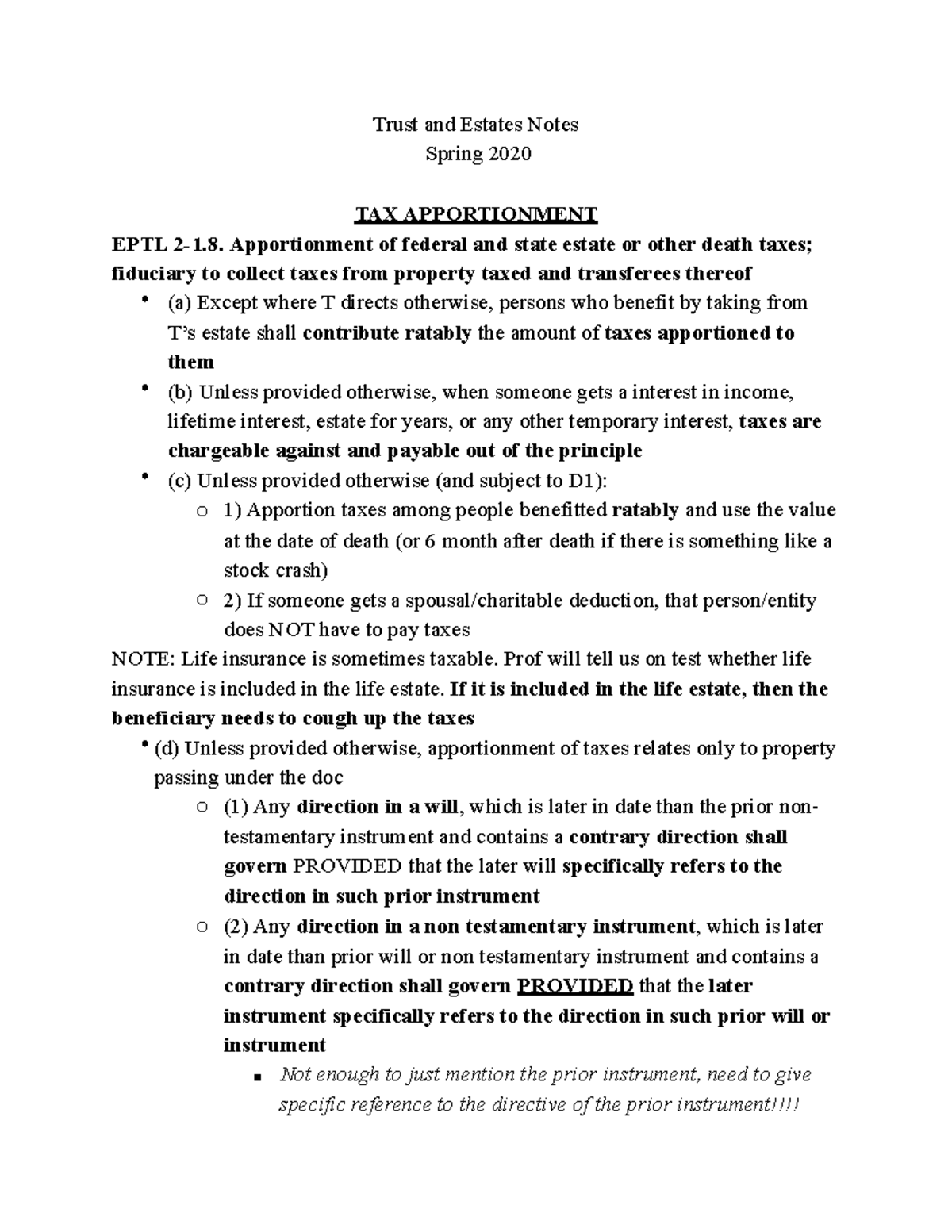 TAX Apportionment - Lecture notes 20 - Trust and Estates Notes Spring ...