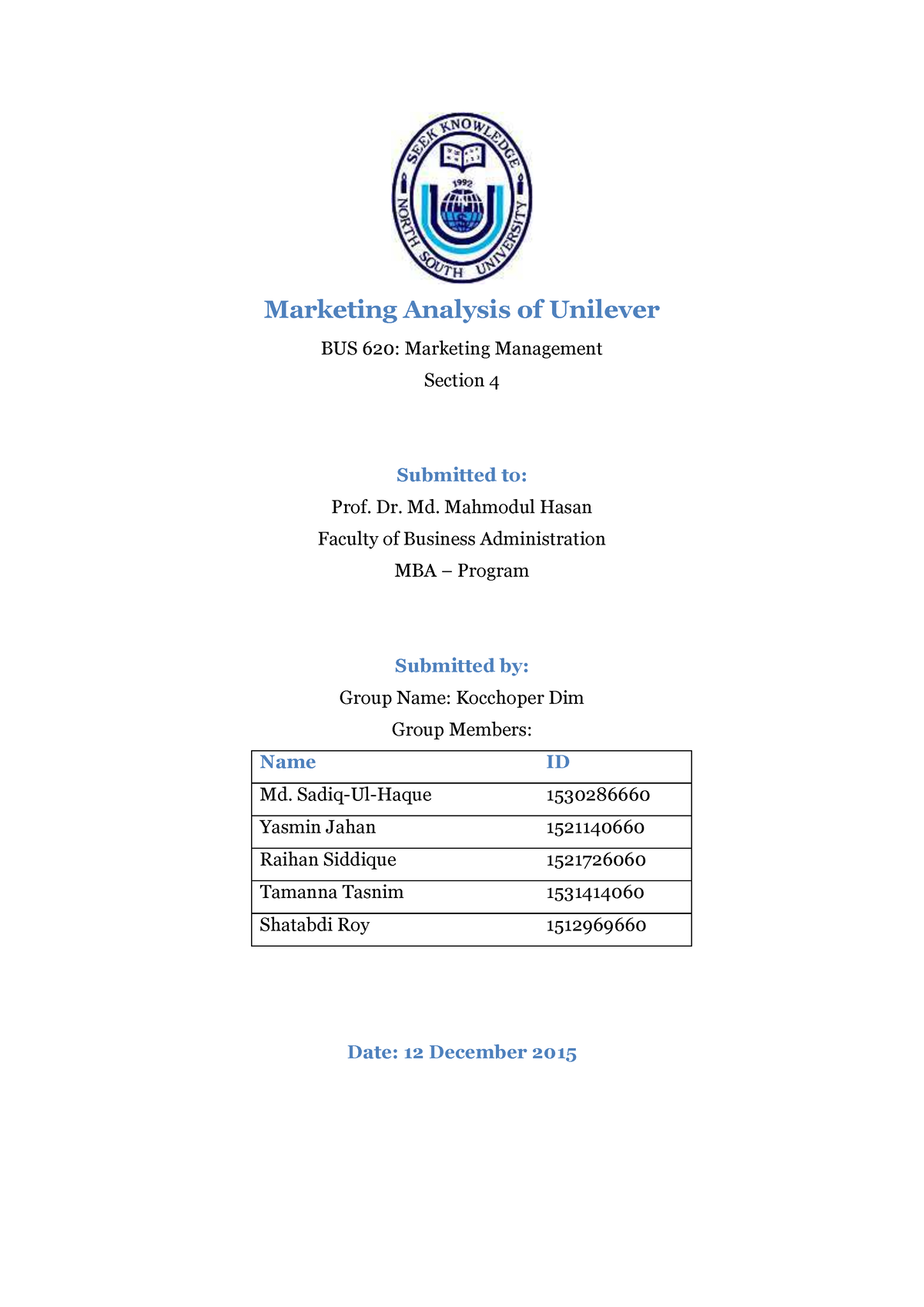 Marketing analysis of Unilever - Dr. Md. Mahmodul Hasan Faculty of ...