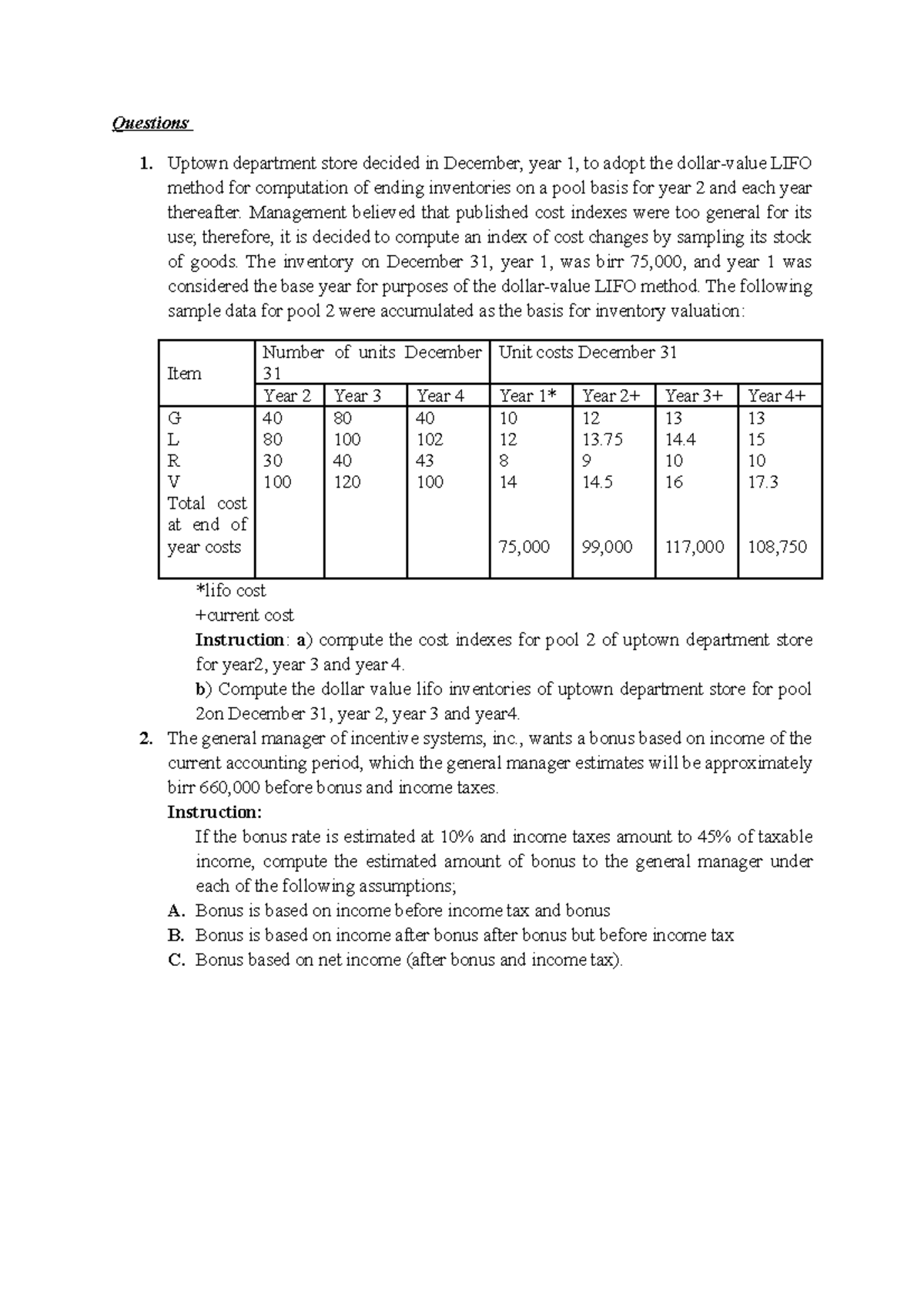 FA-II worksheet - HHHHHHHH - Questions 1. Uptown department store ...