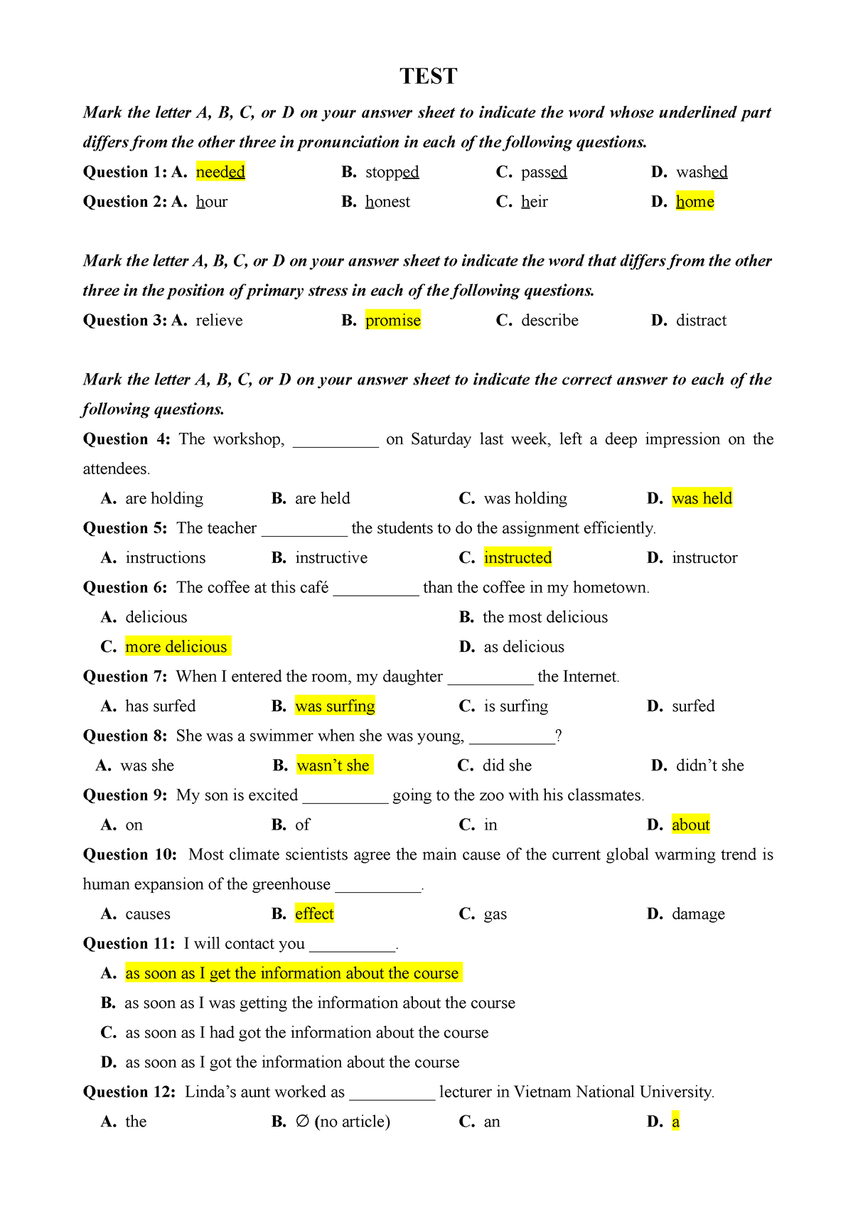 Key Of TEST - ôn Thi Thptqg - TEST Mark The Letter A, B, C, Or D On ...