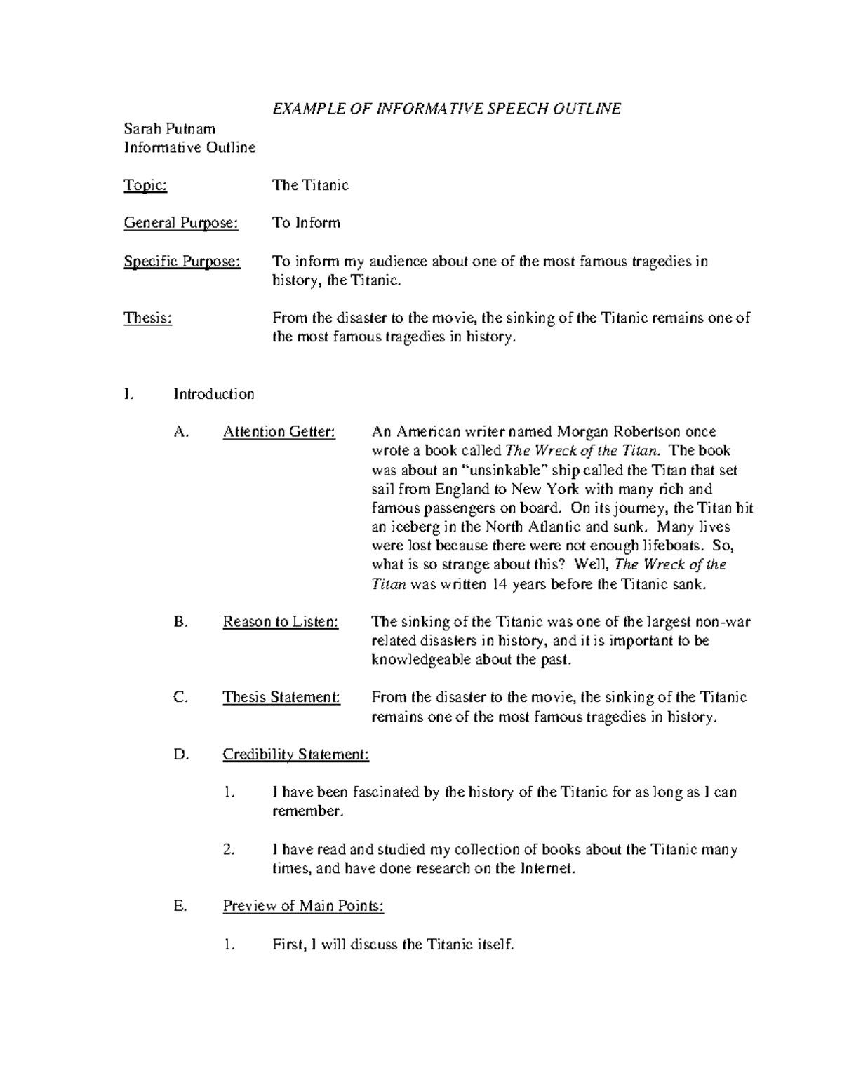 Sample Informative and Persuasive Outlines - EXAMPLE OF INFORMATIVE ...
