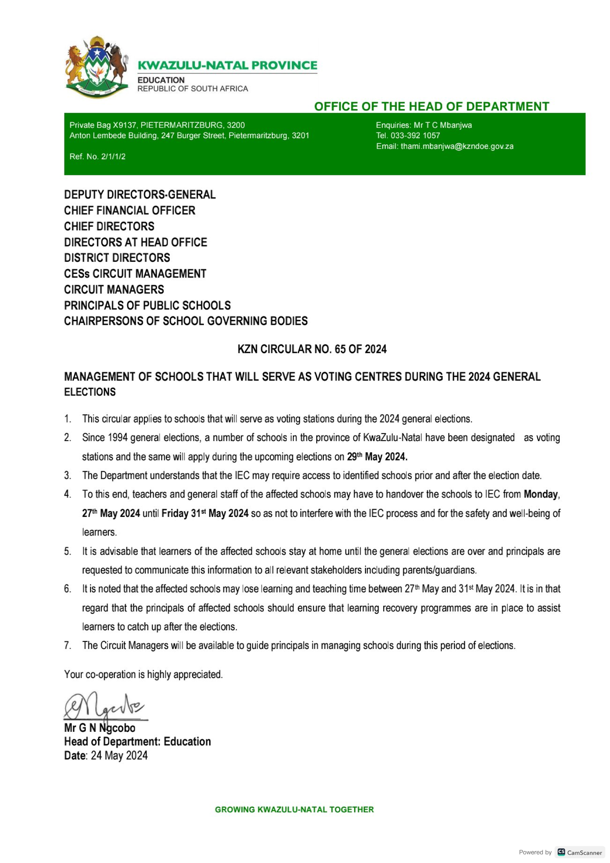 KZN Circular No 65 of 2024 - Management of Schools as Voting Centres