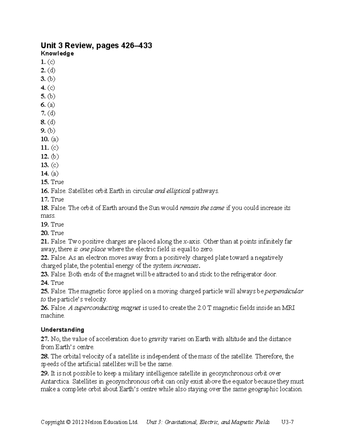 Unit3 reviewanswers - Unit 3 Review, pages 426– Knowledge (c) (d) (b ...