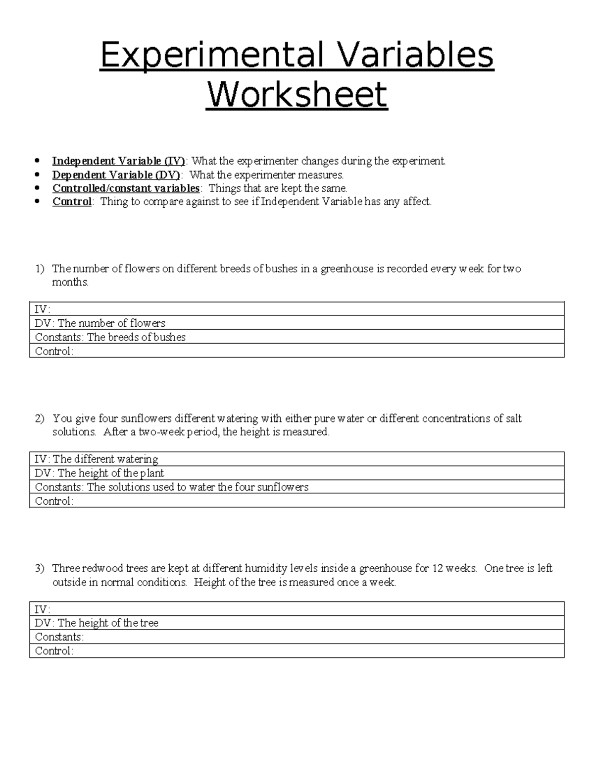 Variables 2 just some notes Experimental Variables Worksheet