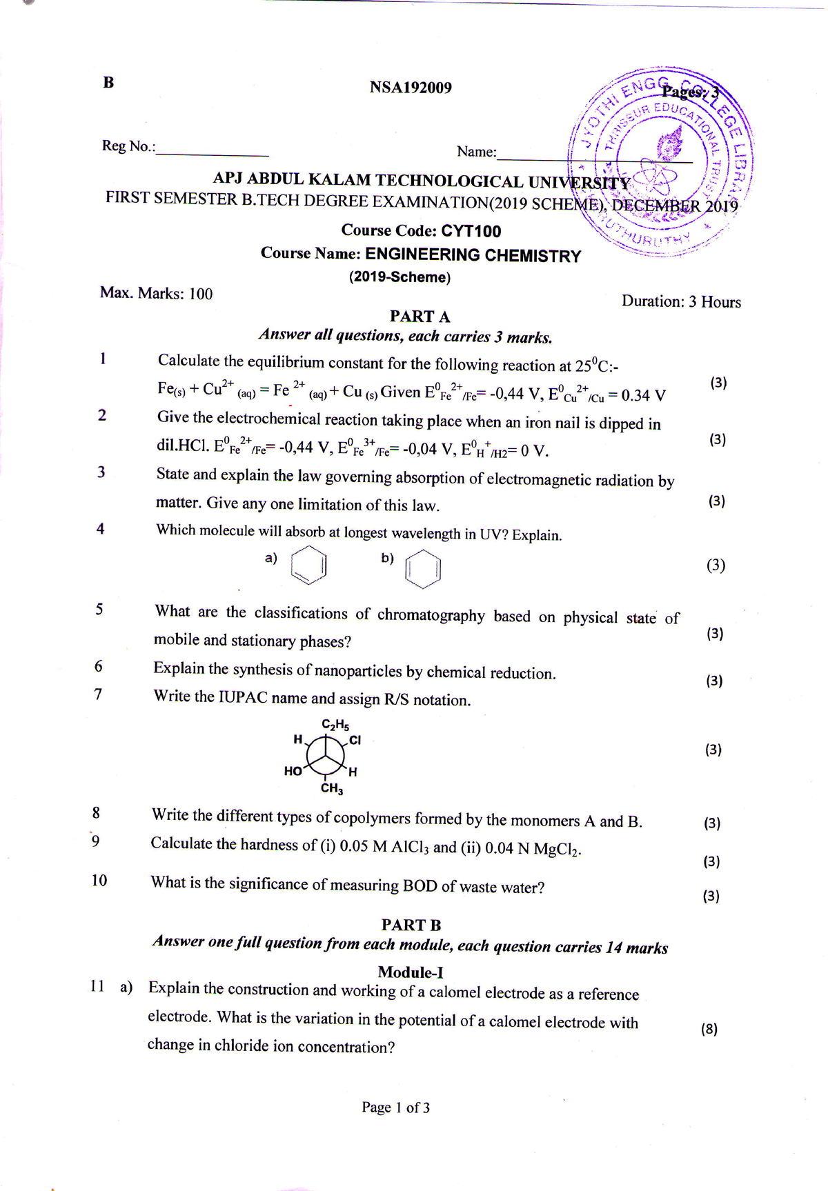 CYT100 Engineering Chemistry, December 2019 QP - B NSAl RegNo.: APJ ...