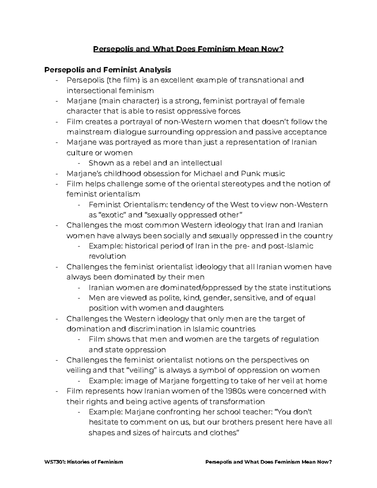 Persepolis and What Does Feminism Mean Now Studocu