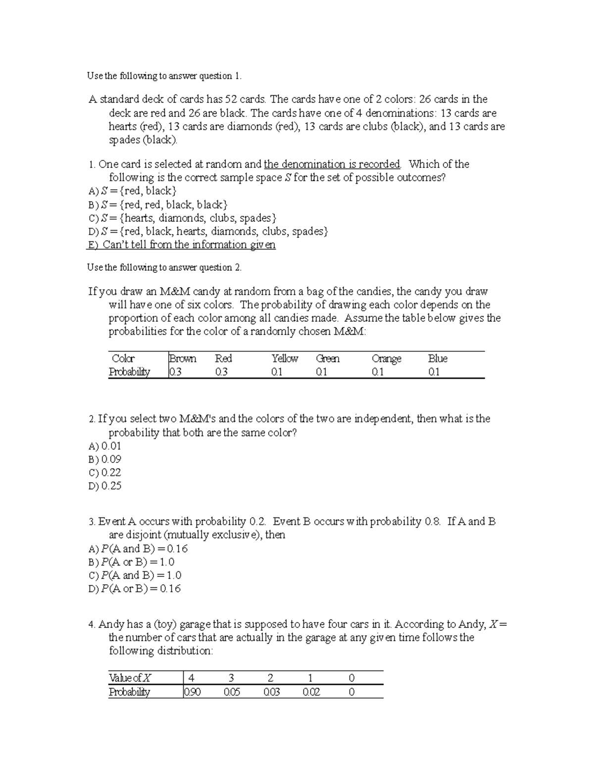 Basic-probability - practices - Use the following to answer question 1 ...