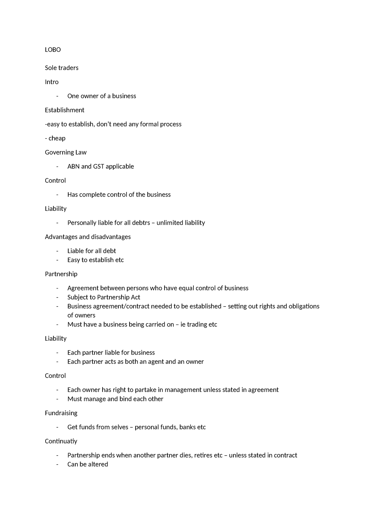 LOBO - Summary Law of Business Organisations - LOBO Sole traders Intro ...