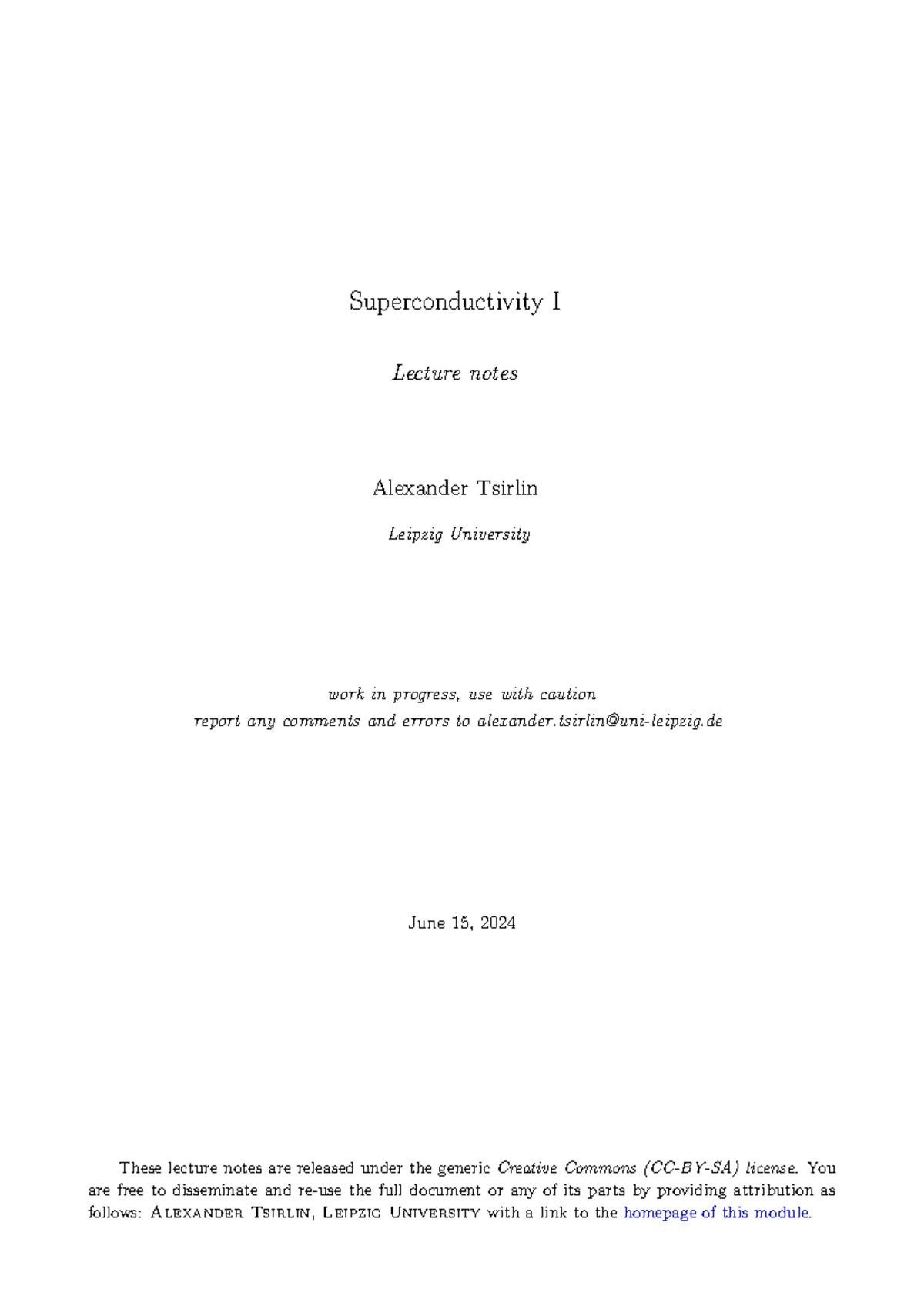 Sc1-lecture-notes - Best - Superconductivity I Lecture notes Alexander ...