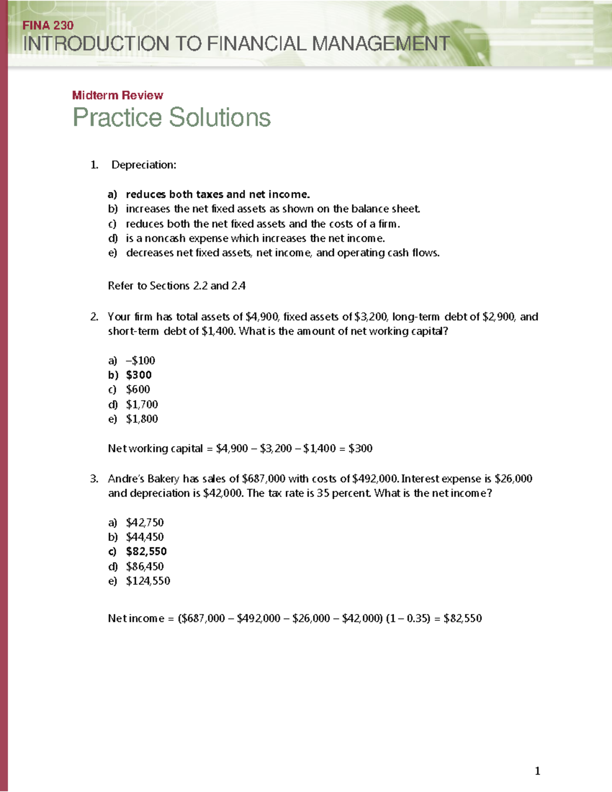 FINA230 Midterm Practice Solutions INTRODUCTION TO FINANCIAL