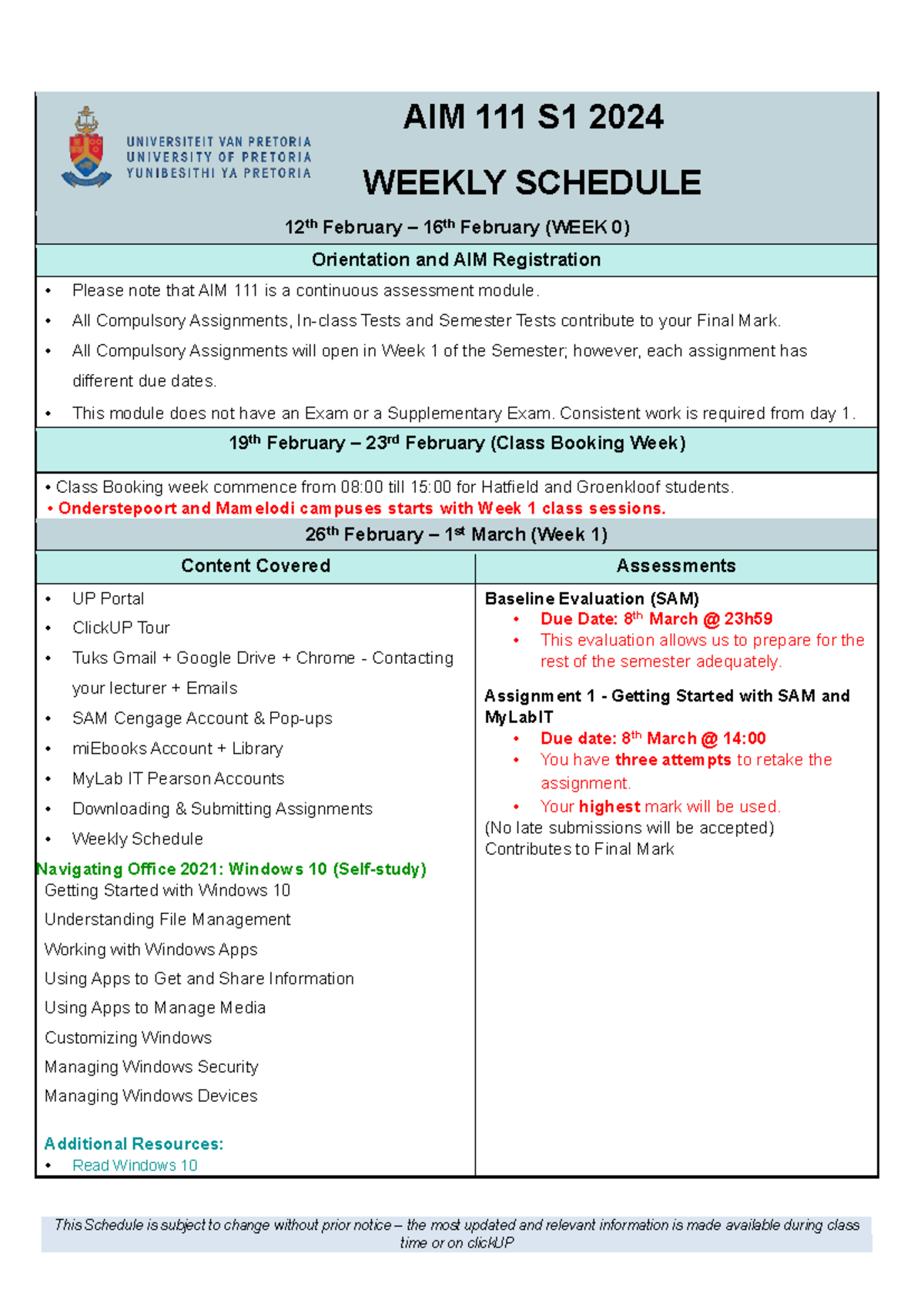 Weekly Schedule - This Schedule is subject to change without prior ...