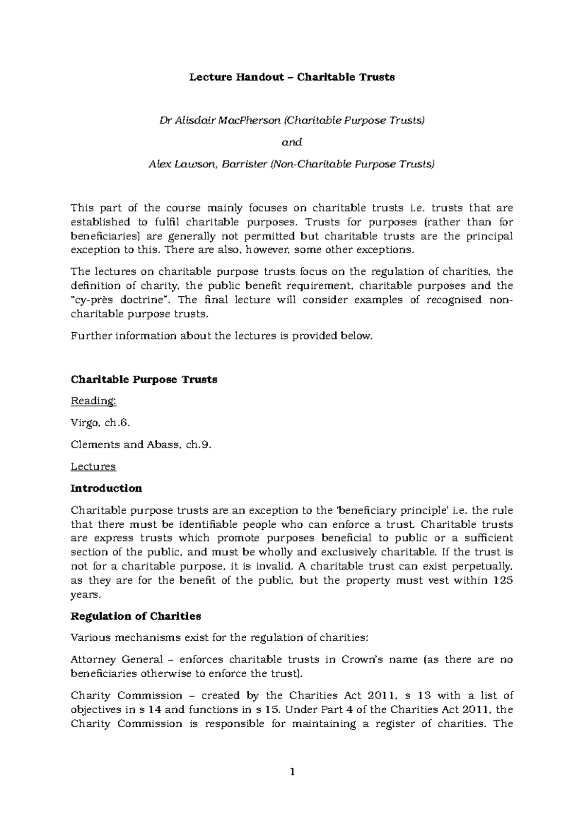 Lecture Handout - Charitable Trusts - trusts that are established to ...