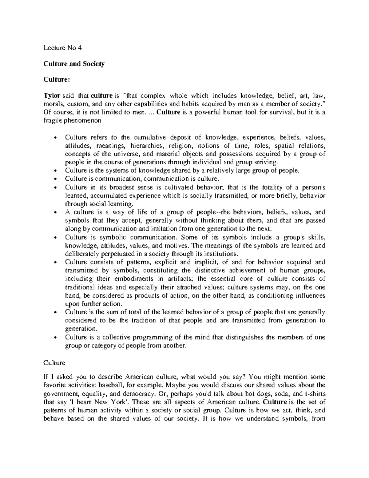 Sociology Lecture No 4 Culture self hand outs - Lecture No 4 Culture ...