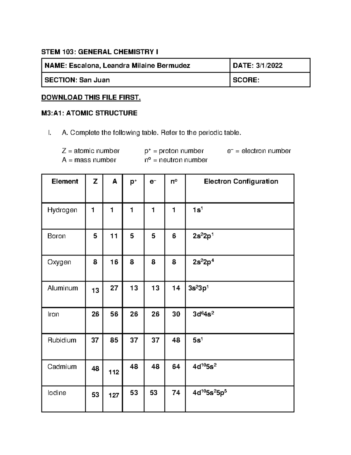 M3 A1 Atomic Structure - chem - STEM 103: GENERAL CHEMISTRY I NAME ...