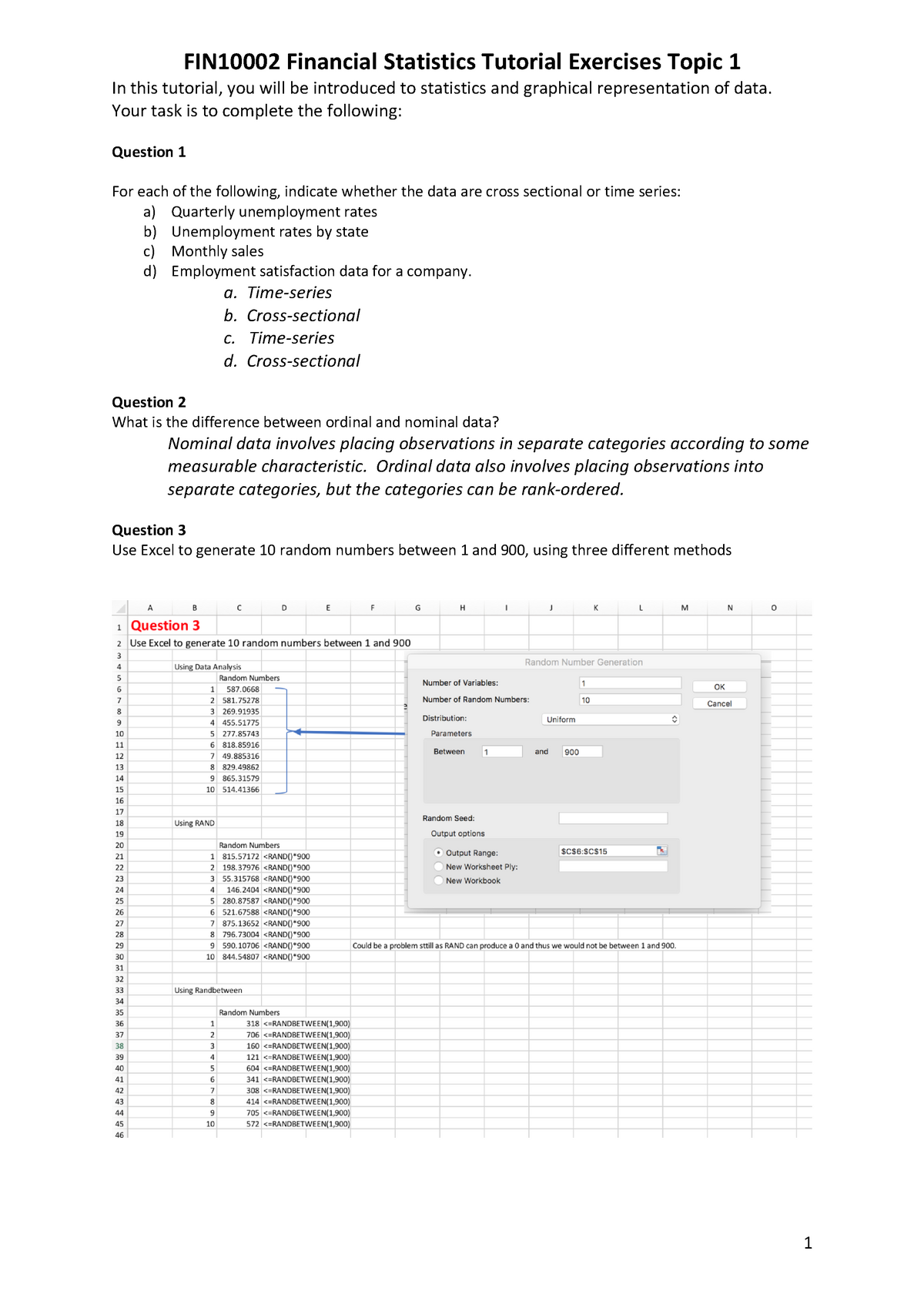 financial statistics assignment answers