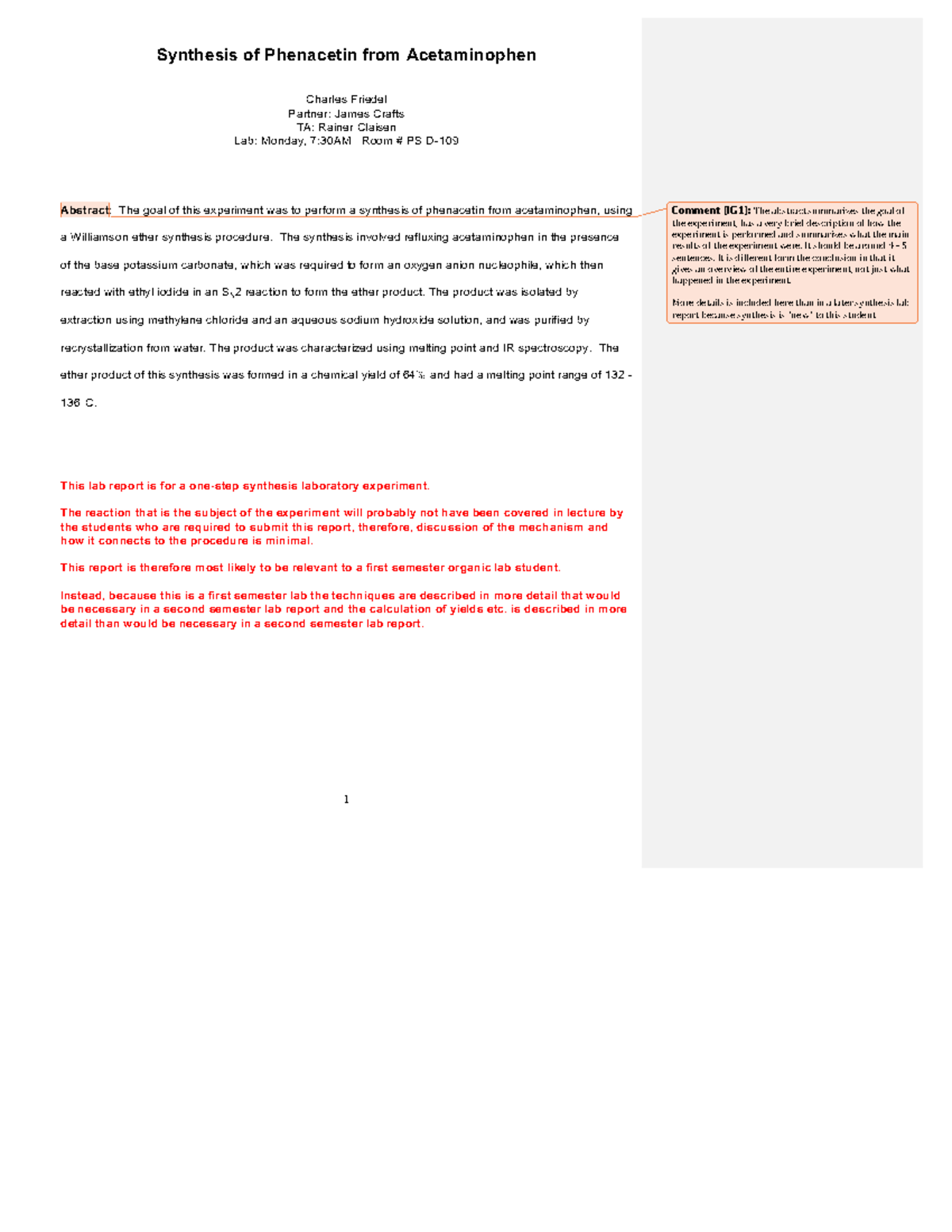 Example lab report 1F2016 - Synthesis of Phenacetin from Acetaminophen ...