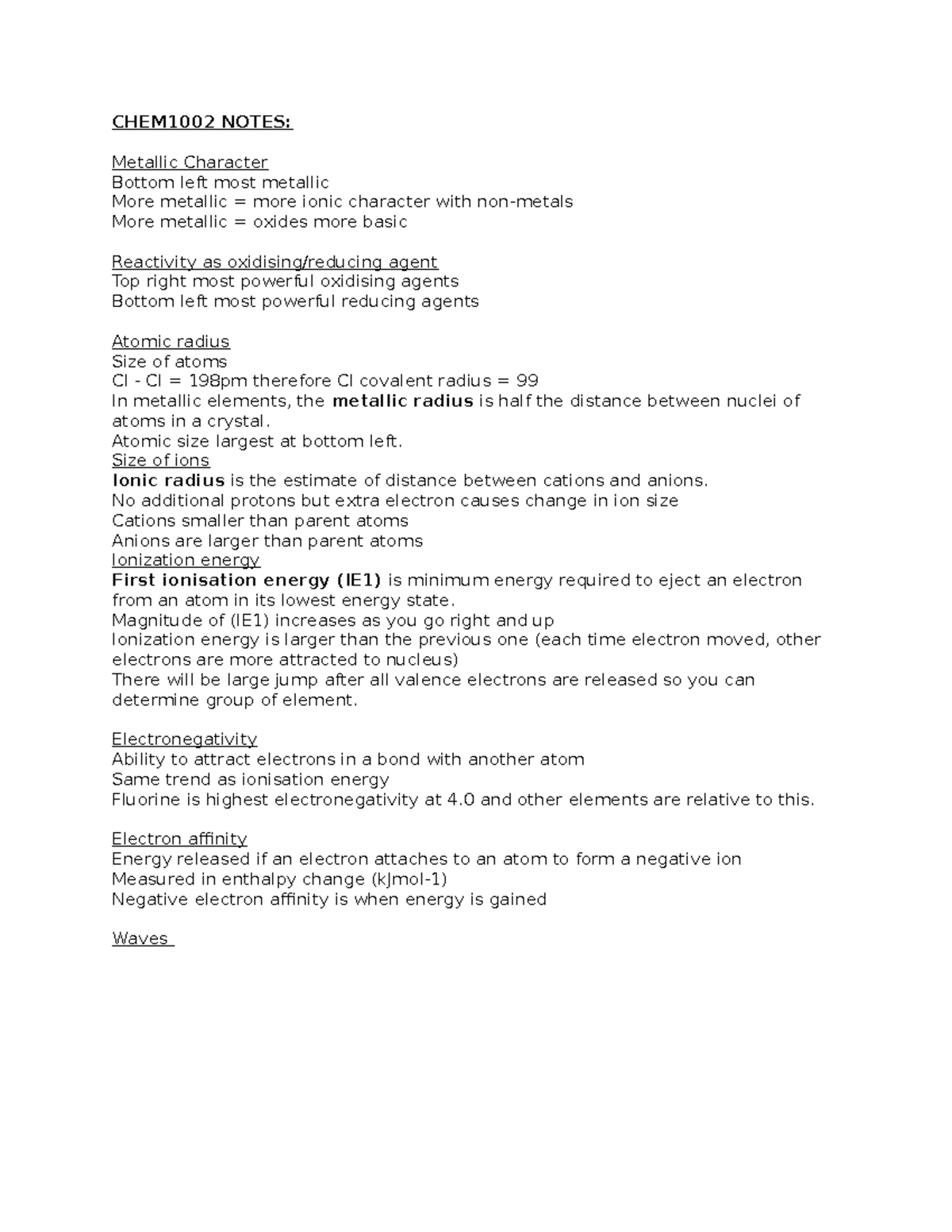 CHEM1002 Notes - All lectures, pictures of lectures included ...